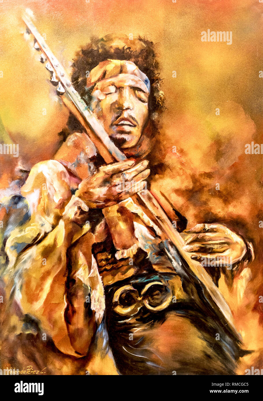 Malerei von Jimi Hendrix im Museum der Plazoleta De Las Esculturas Medellin Kolumbien Südamerika Stockfoto