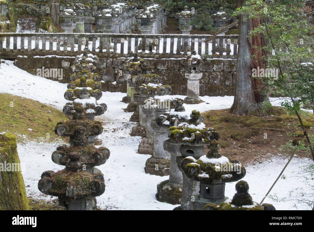 Steinlaternen im Schnee am Tosho-gu, Nikko, Japan Stockfoto