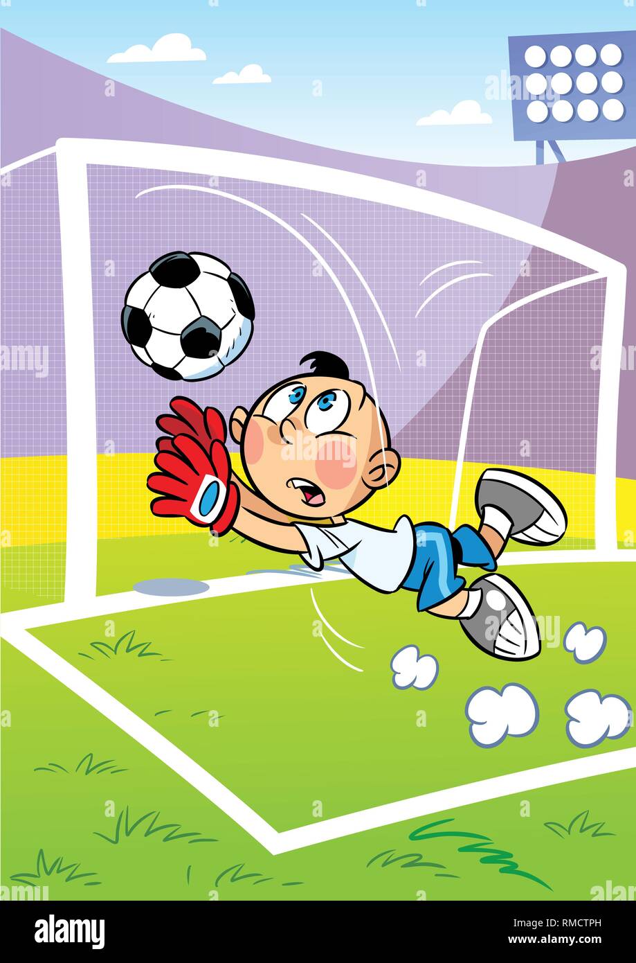Die Abbildung zeigt die Junge auf dem Fußballplatz. Er ist ein Torwart und Er fängt den Ball in das Ziel. Zeichen gegen das Stadion entfernt Stock Vektor