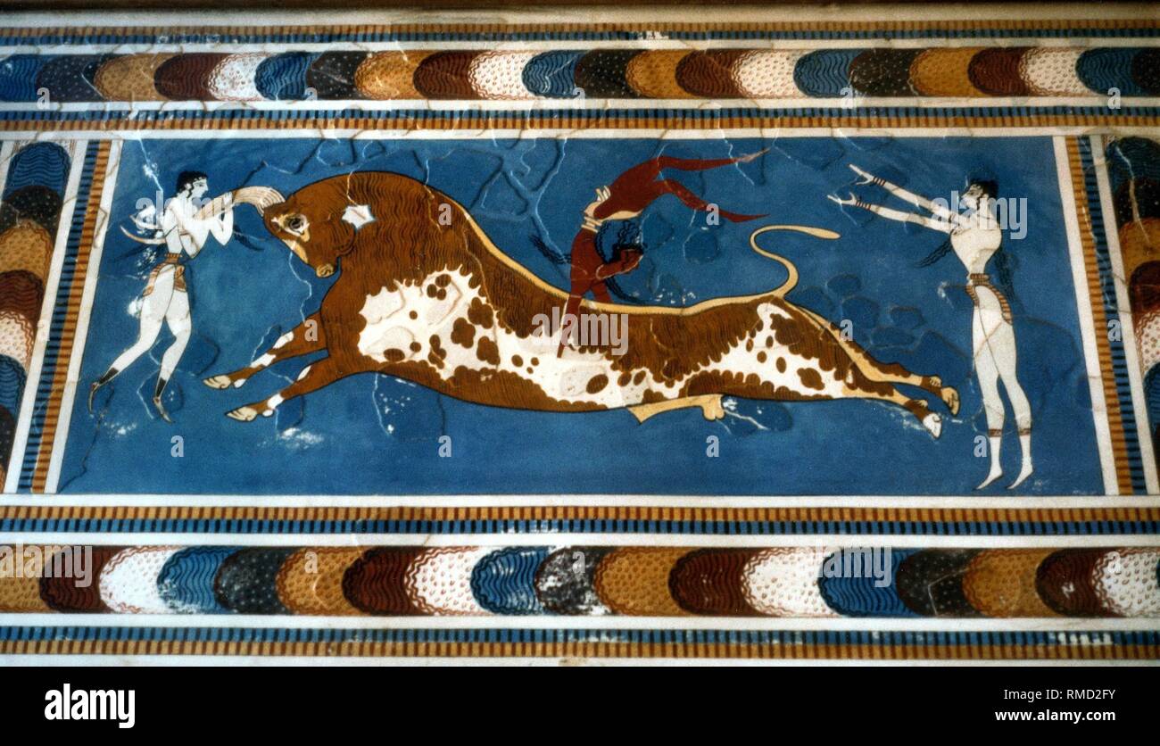 Der Palast von Knossos, Fresko von Stierkämpfen im minoischen Kreta. Oktober 1982. Stockfoto