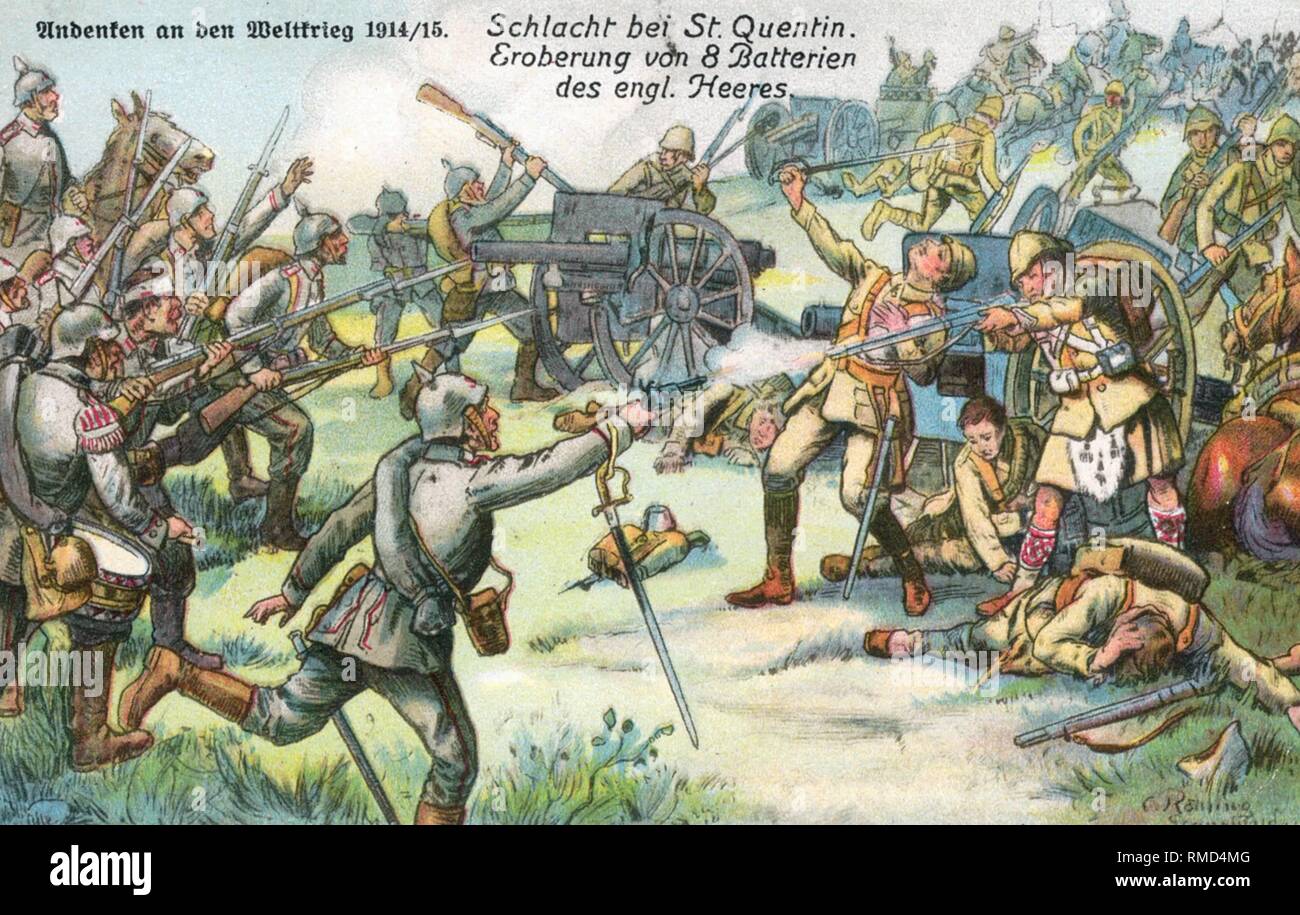 Deutsche Soldaten Angriff einer britischen Geschützstellung in Saint Quentin. Das Bild erinnert an die Beschlagnahme von acht britischen Feld Batterien. Zeitgenössische Postkarte. Stockfoto
