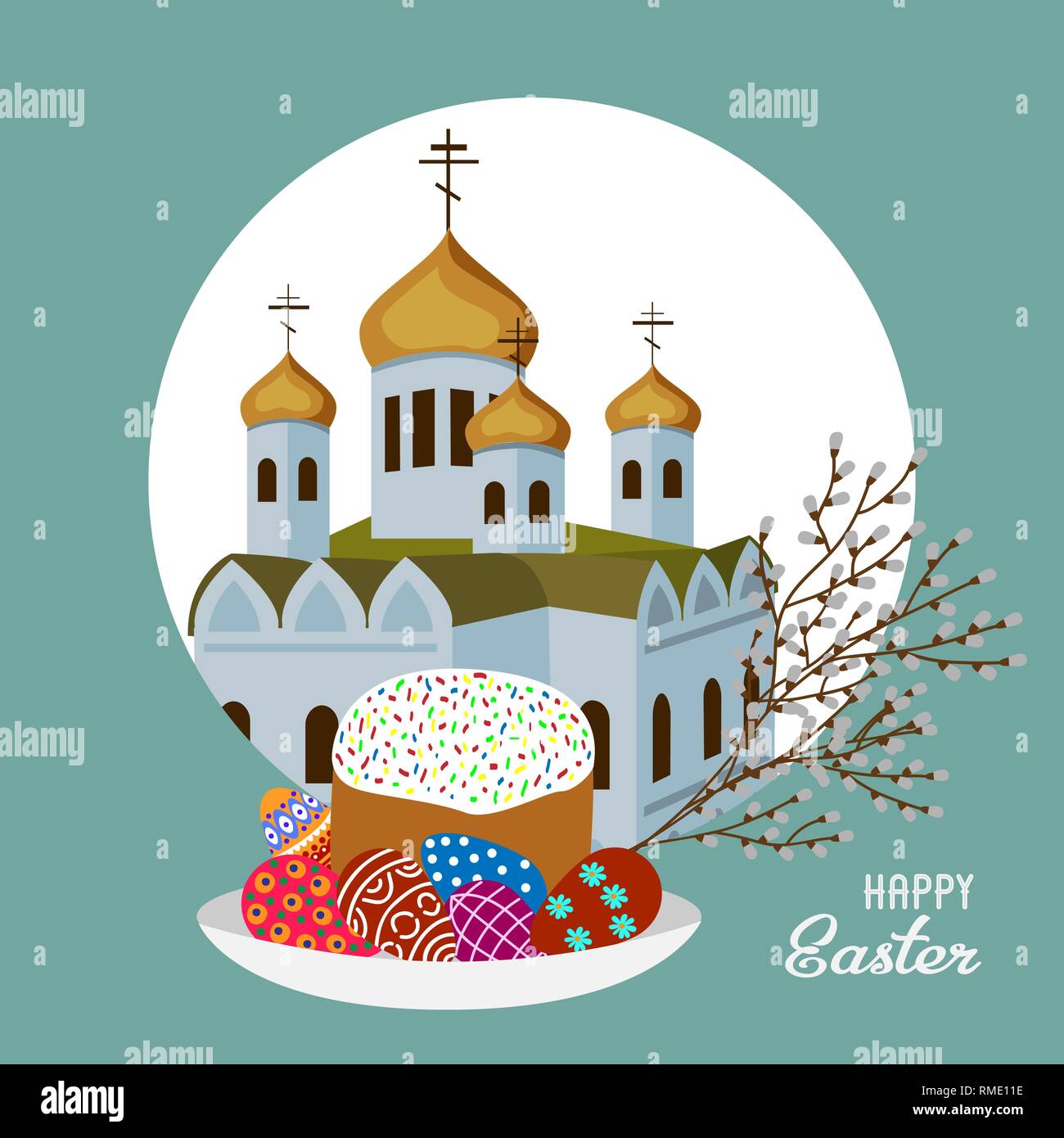 Orthodoxe Tempel, Weidenzweige, bemalte Eier und Ostern Kuchen isoliert auf einem weißen Hintergrund. Vektor Stock Vektor