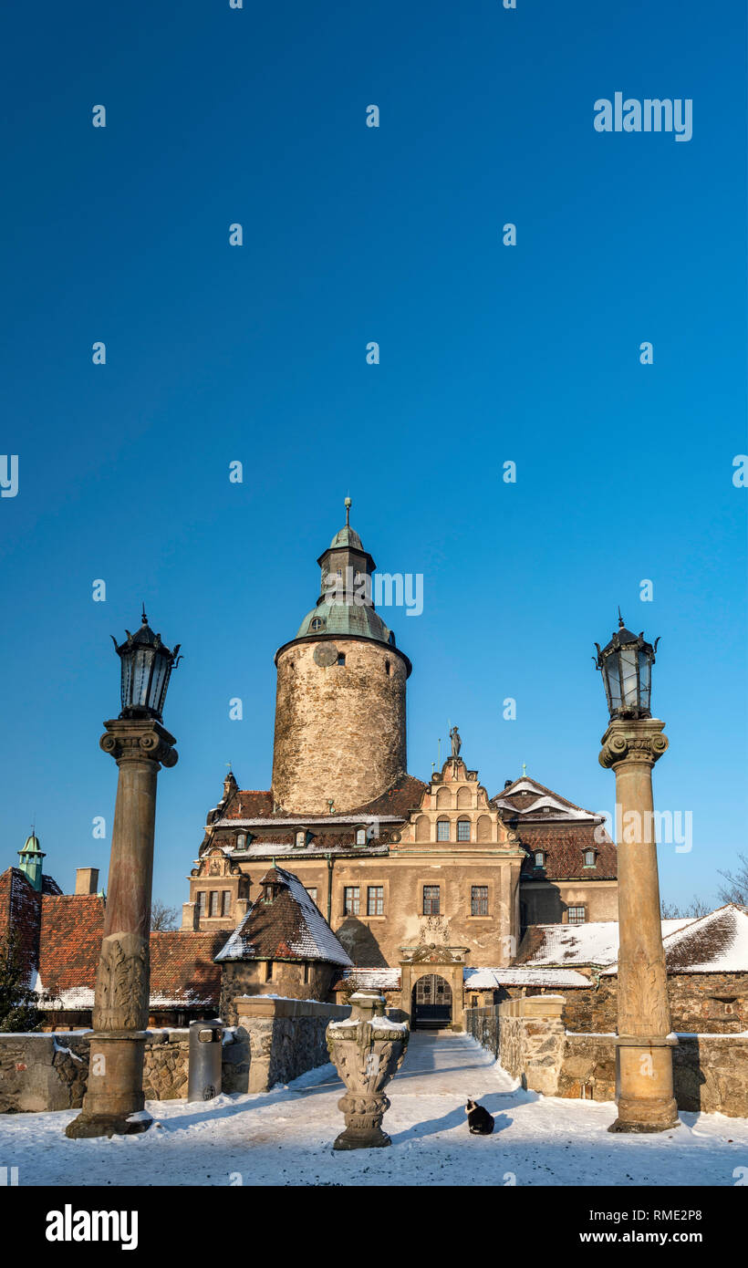 Schloss Czocha, 14. Jahrhundert, umgebaut im frühen 20. Jahrhundert, hotel, im Winter, in der Nähe von Lesna, Niederschlesien, Polen Stockfoto