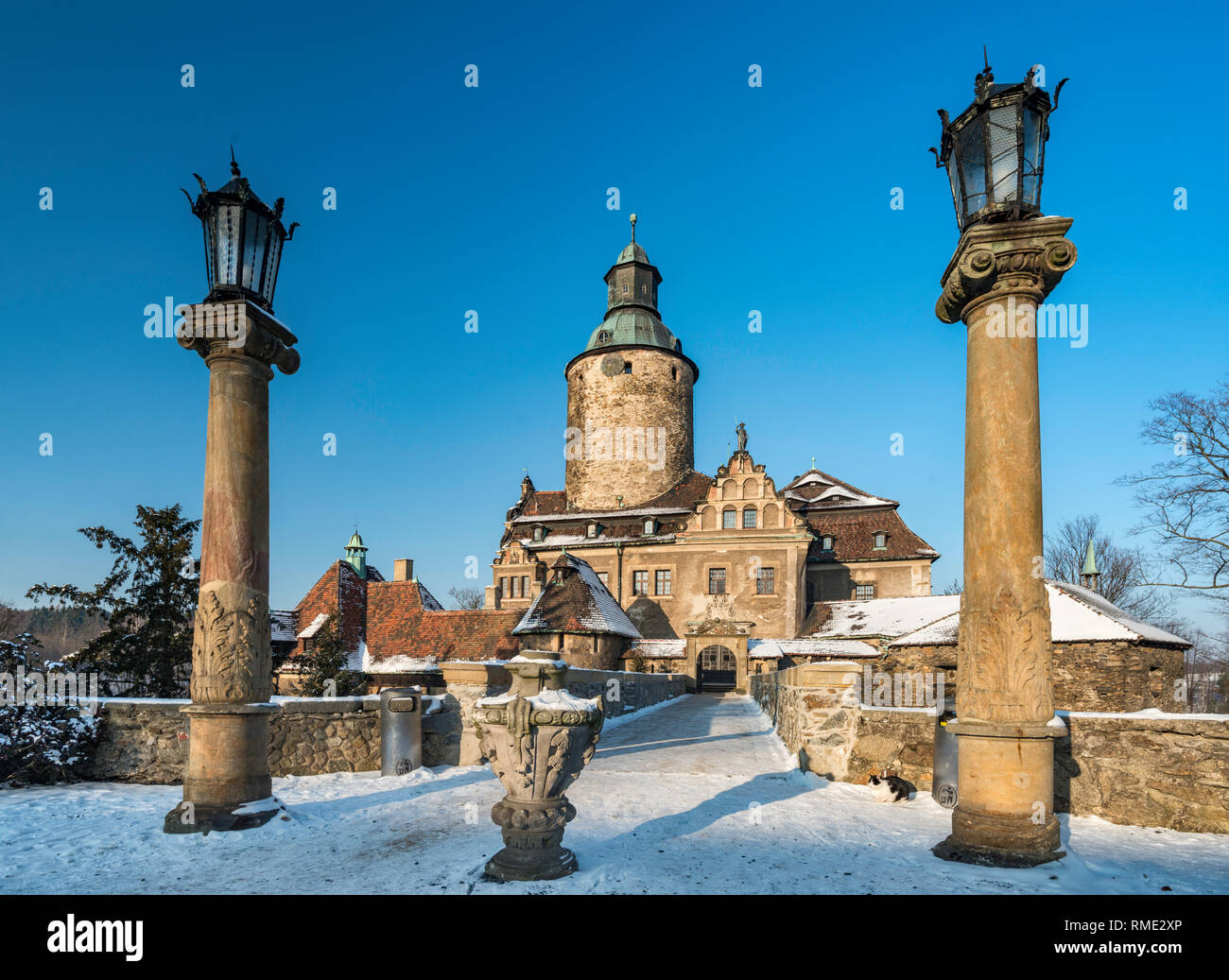 Schloss Czocha, 14. Jahrhundert, umgebaut im frühen 20. Jahrhundert, hotel, im Winter, in der Nähe von Lesna, Niederschlesien, Polen Stockfoto