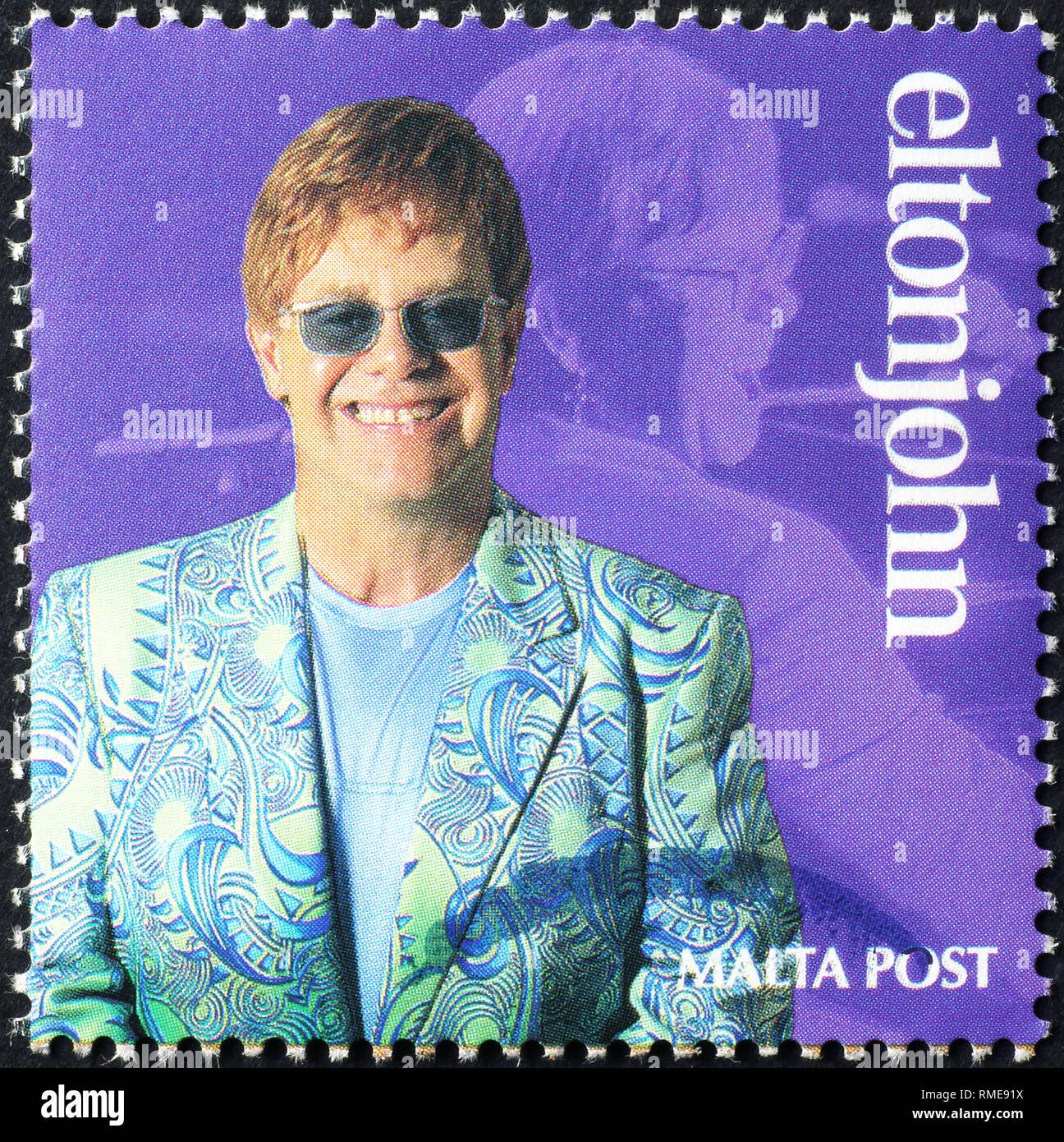 Schöne Elton John Portrait auf Briefmarke Stockfoto