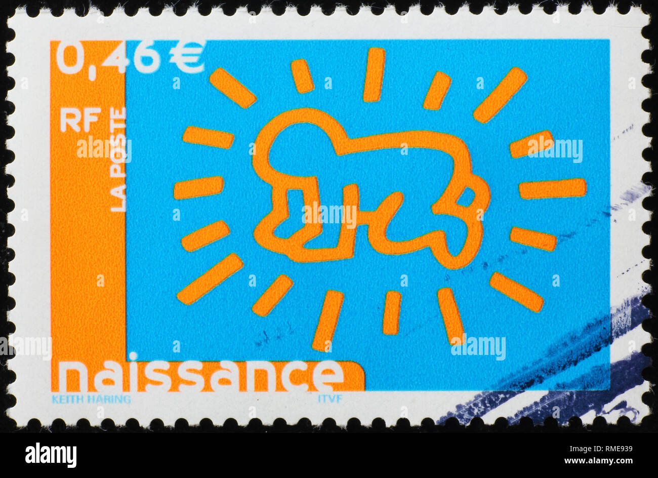 Malerei von Keith Haring auf Briefmarke Stockfoto