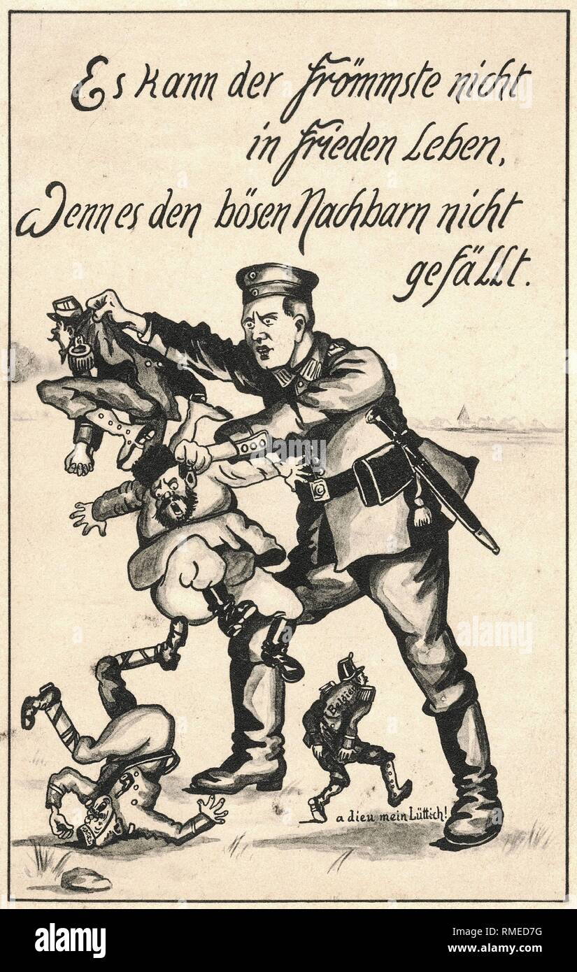 Ein deutscher Soldat schlägt seine Gegner, Belgien, Großbritannien,  Russland und Frankreich unter dem Motto (englische Übersetzung) "Die fromme  Mann kann nicht in Frieden leben, wenn seine bösen Nachbarn nicht gefällt."  Zeitgenössische Postkarte