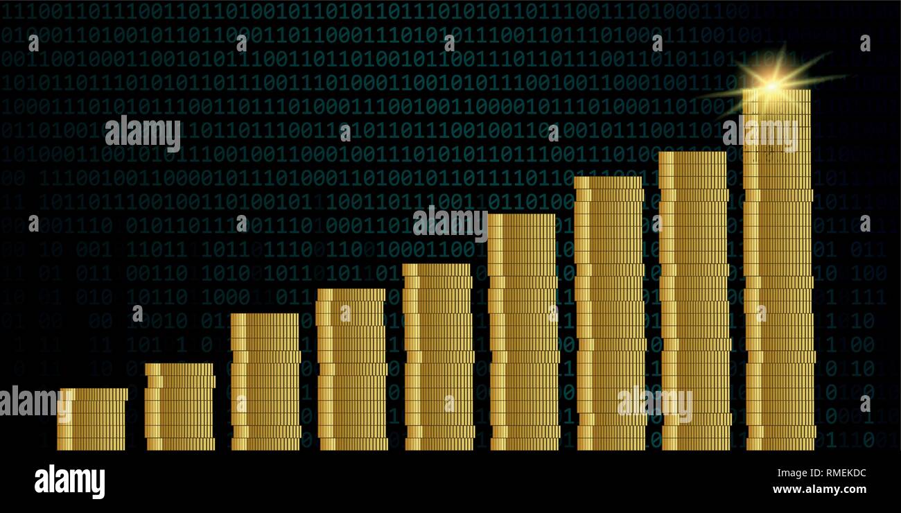 Umsatzsteigerung Münzen auf binären Code Hintergrund Finanzen konzept Vektor-illustration EPS 10. Stock Vektor