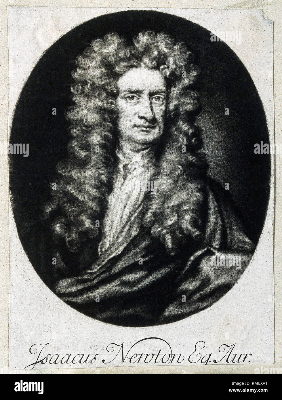 Sir Isaac Newton (1642-1726/27), Metzzotint-Porträtstich nach Sir Godfrey Kneller, 1702 Stockfoto