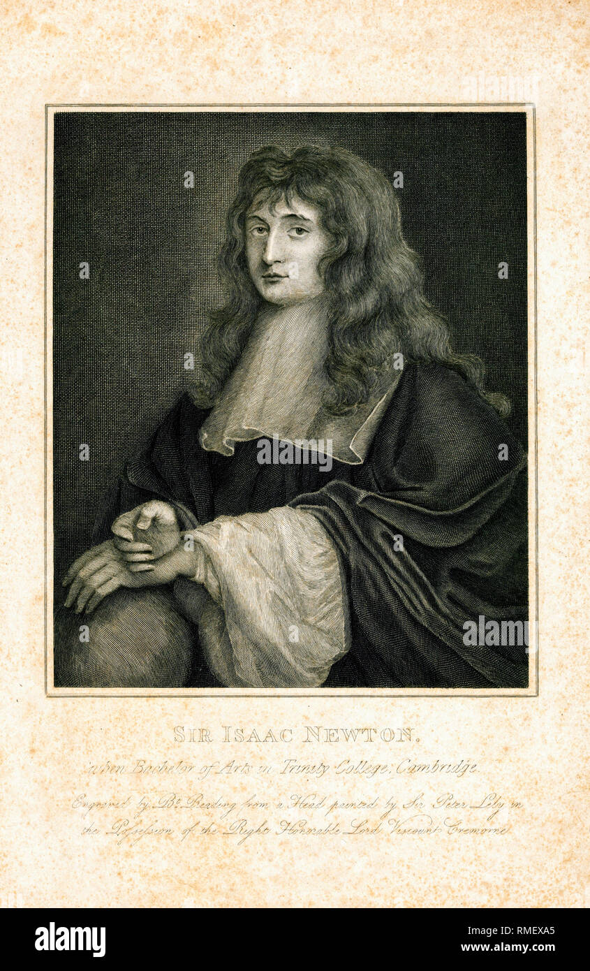Porträt von Isaac Newton (1642-1726/27) als Student, Stich von Burnett Reading, 1799 Stockfoto
