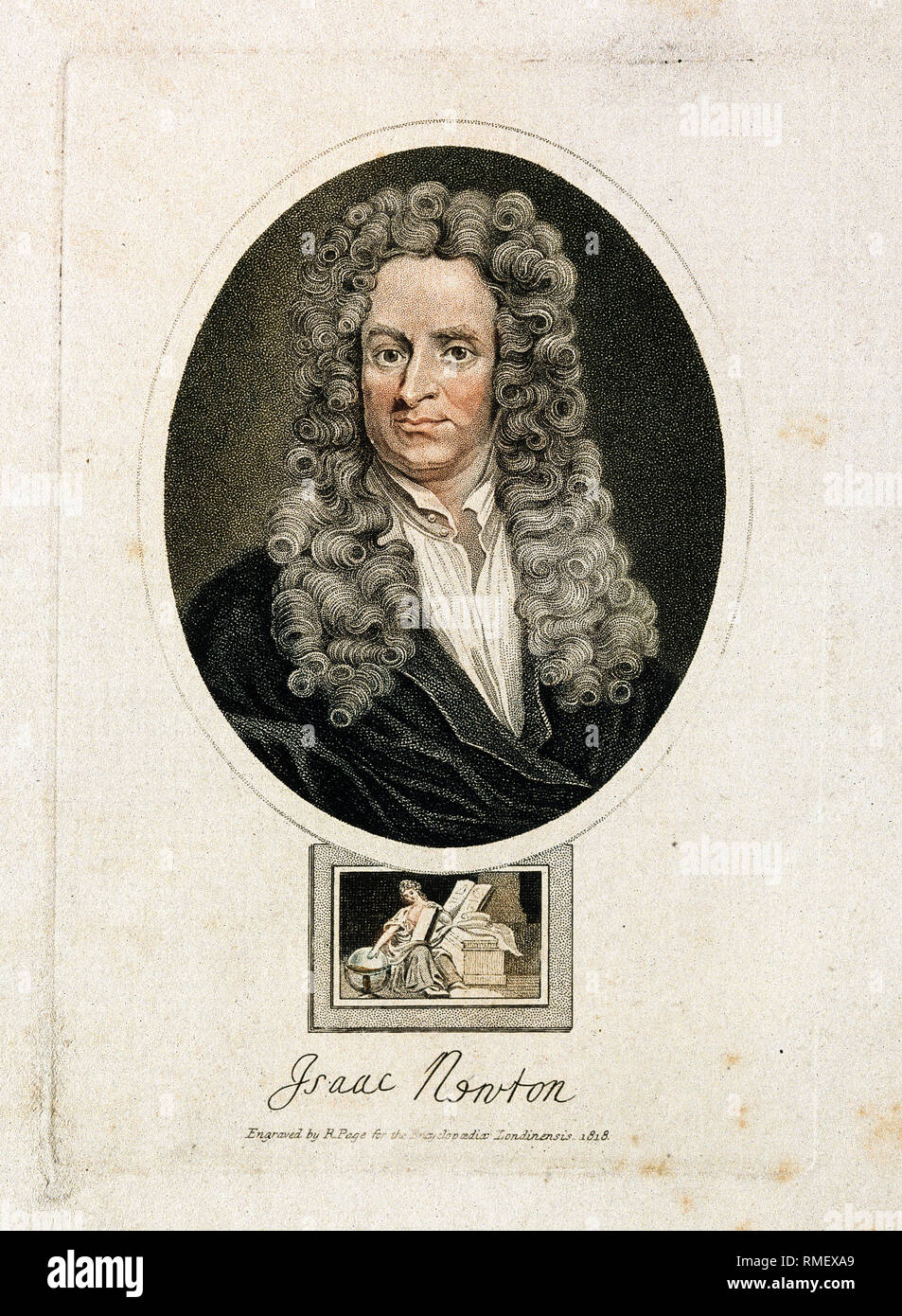 Sir Isaac Newton (1642-1726/27), Porträtstich nach Sir Godfrey Kneller von R Page, 1818 Stockfoto