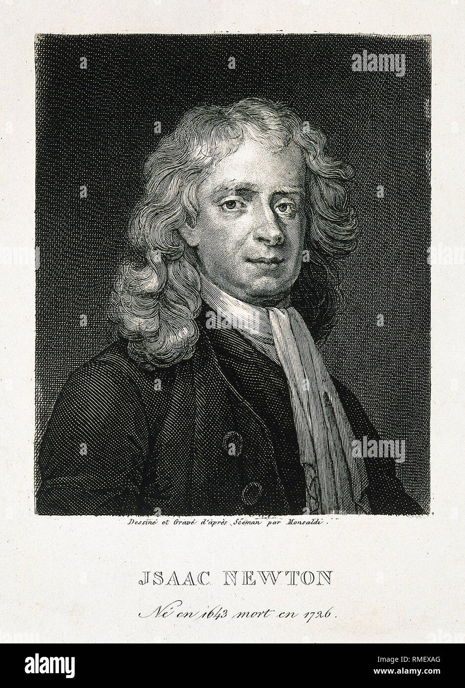 Sir Isaac Newton (1642-1726/27), Porträtstich von AM Monsaldi nach E Seeman, 1726 Stockfoto