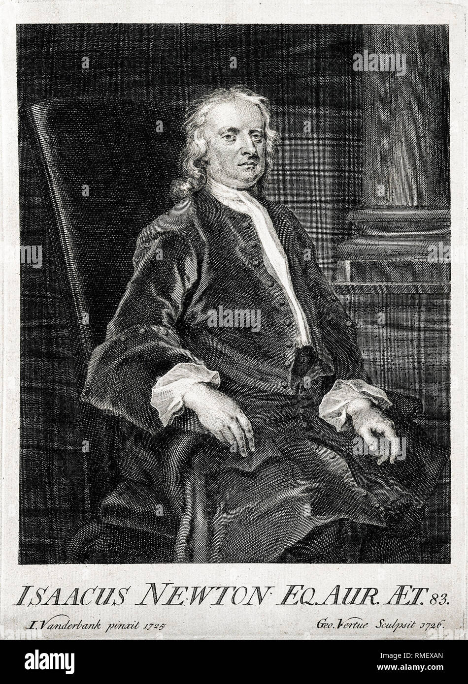 Sir Isaac Newton (1642-1726/27), Porträtstich nach J Vanderbank von G Vertue 1726 Stockfoto