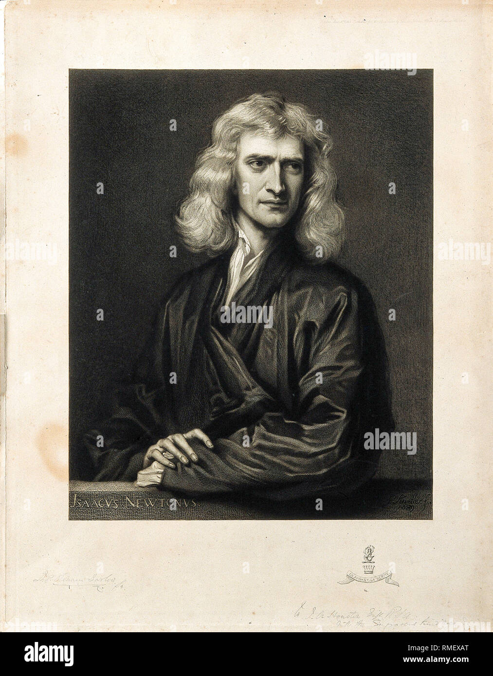 Sir Isaac Newton, (1642-1726/27), mezzotint Portrait nach Sir Godfrey Kneller von T.O. Barlow 1868 Stockfoto