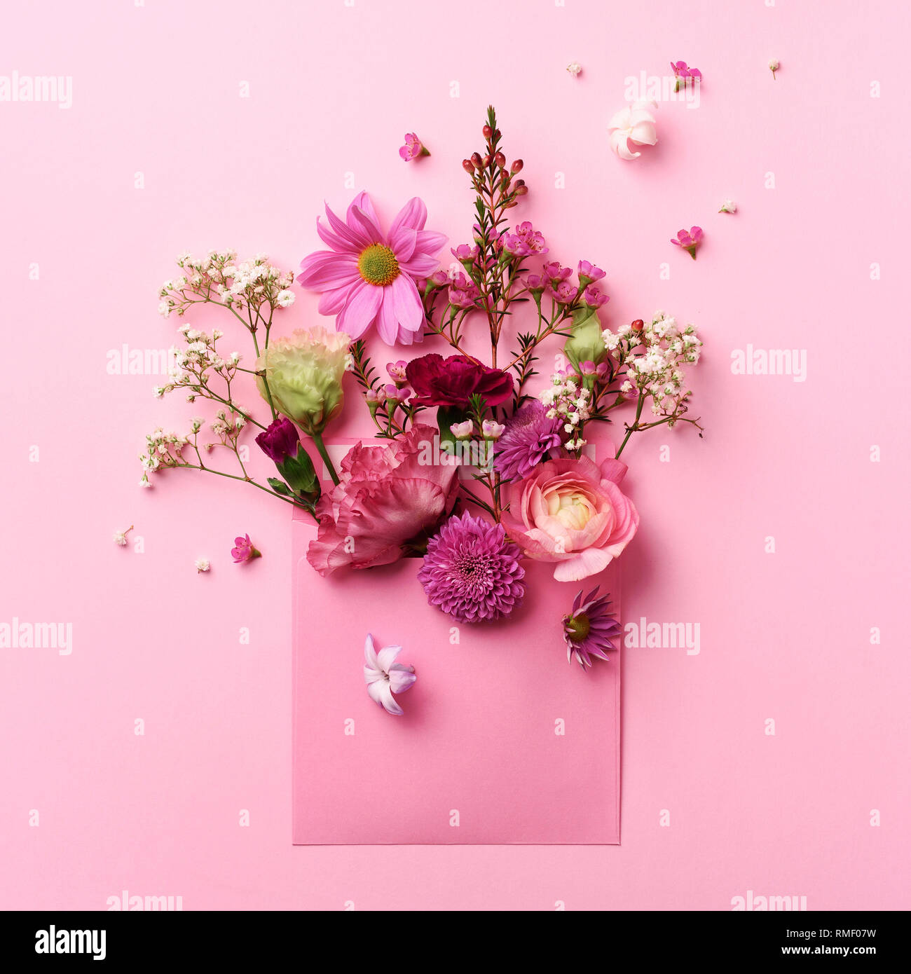 Rosa Umschlag Mit Fruhling Blumen Florale Komposition Kreative Gestaltung Flach Ansicht Von Oben Fruhjahr Sommer Oder Garten Konzept Geschenk Fur Frau Tag S Stockfotografie Alamy