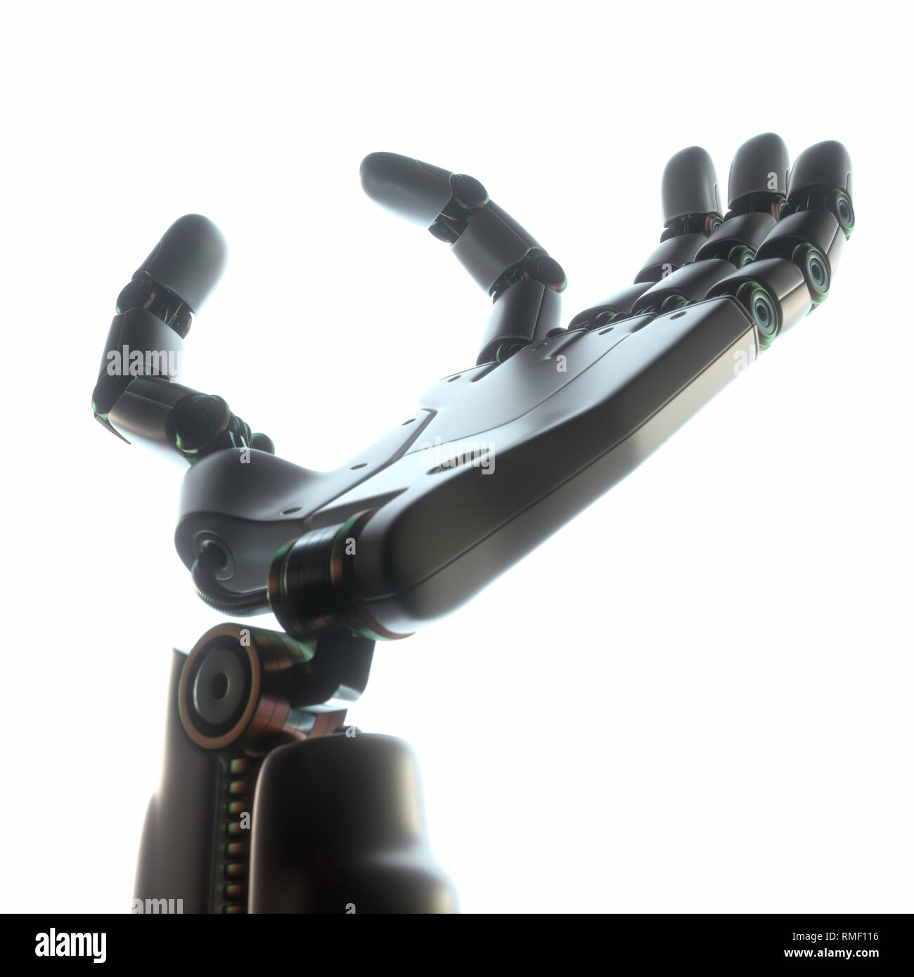 Roboterhand auf weißem Hintergrund. Ihr Text oder Bild zwischen die Finger des Roboters. Stockfoto