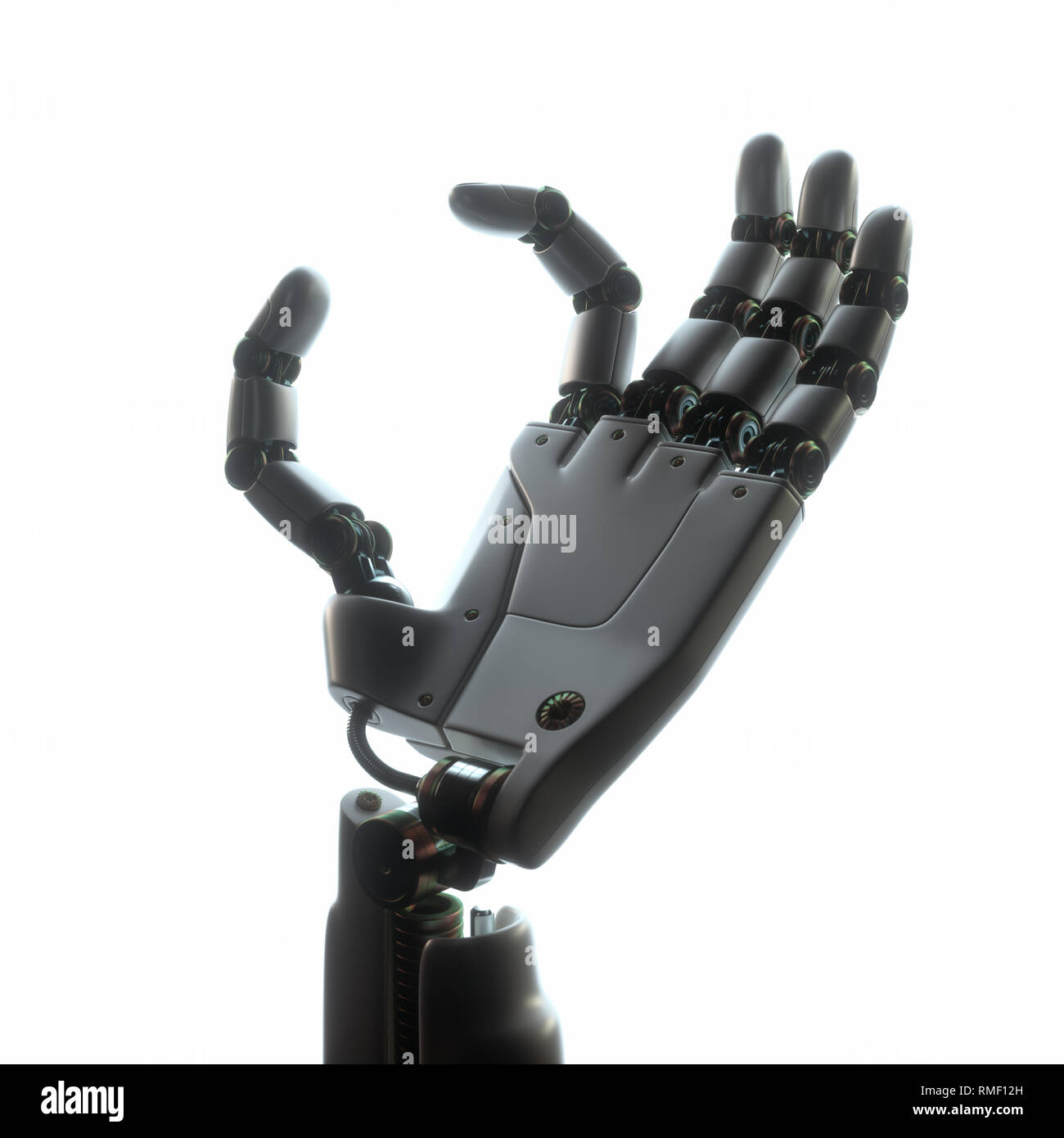 Roboterhand auf weißem Hintergrund. Ihr Text oder Bild zwischen die Finger des Roboters. Stockfoto