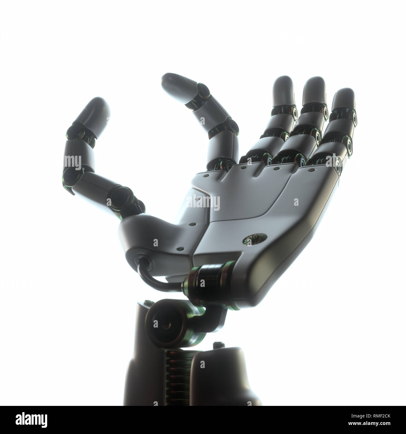 Roboterhand auf weißem Hintergrund. Ihr Text oder Bild zwischen die Finger des Roboters. Stockfoto