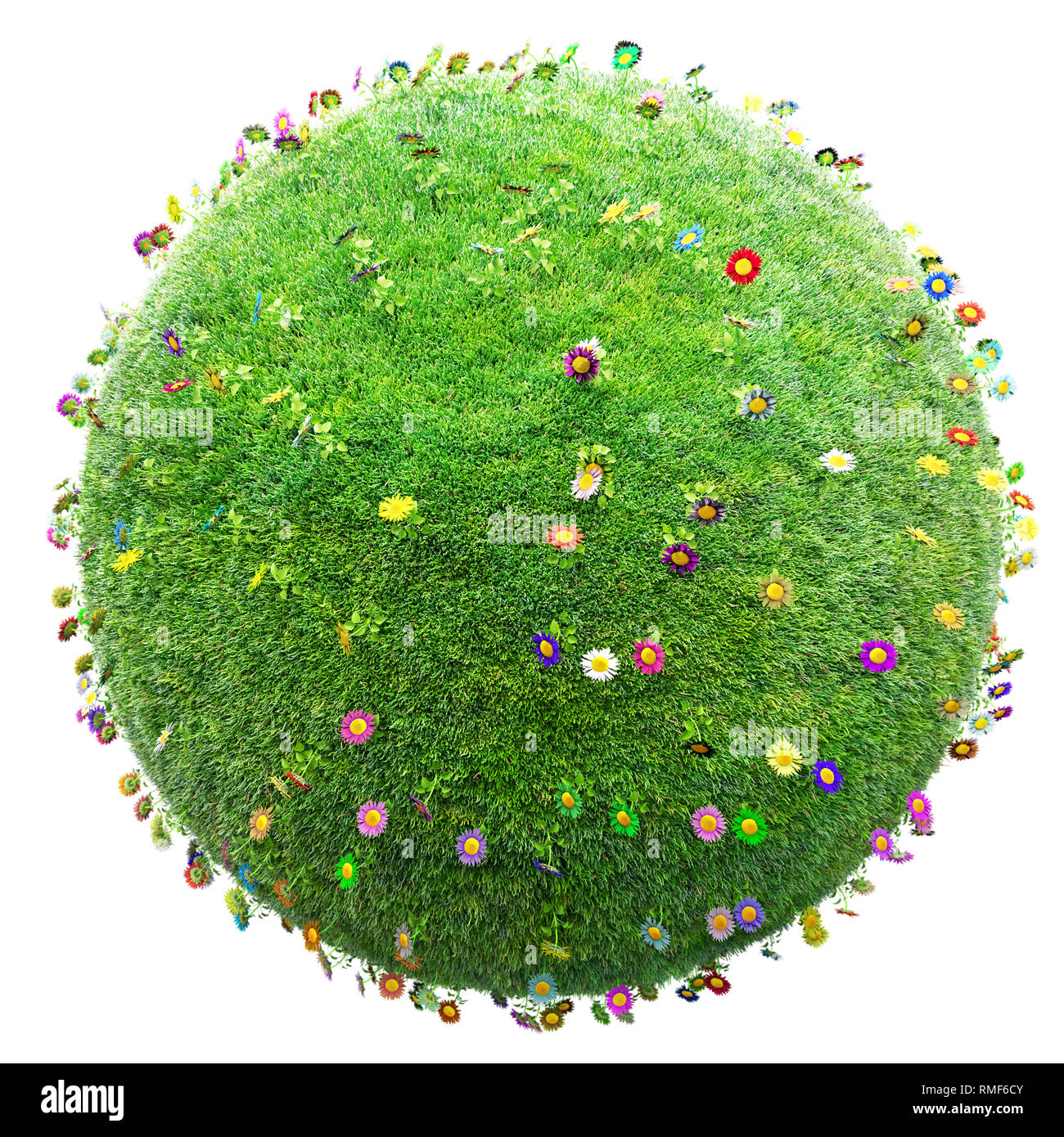 Grünes Gras und Blumen Planet auf weißem Hintergrund Stockfoto