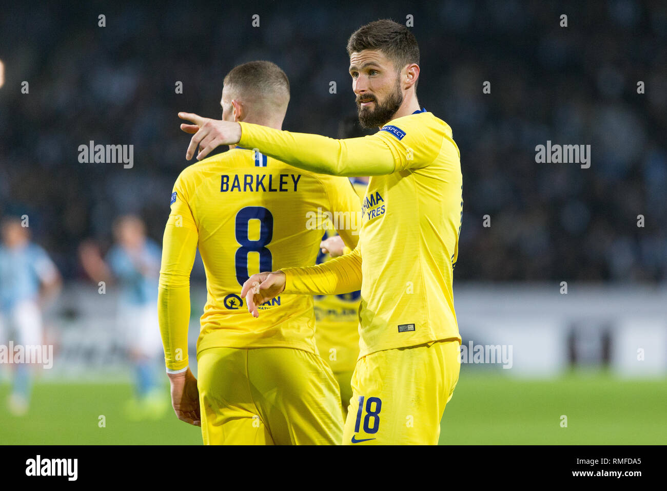 Malmö, Schweden. 14 Feb, 2019. Schweden, Malmö, 24. Februar 2019. Olivier Giroud (18) des FC Chelsea Kerben für 0-2 während der Europa League Runde 32 Match zwischen Malmö FF und FC Chelsea bei der Swedbank Stadion in Malmö. (Foto: Gonzales Foto/Alamy leben Nachrichten Stockfoto