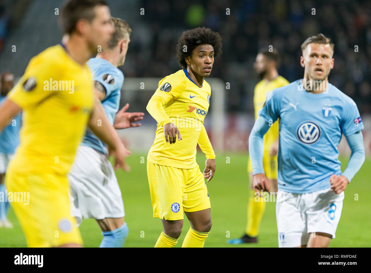 Malmö, Schweden. 14 Feb, 2019. Schweden, Malmö, 24. Februar 2019. William (22) des FC Chelsea in der Europa League Runde 32 Match zwischen Malmö FF und FC Chelsea bei der Swedbank Stadion in Malmö zu sehen. (Foto: Gonzales Foto/Alamy leben Nachrichten Stockfoto