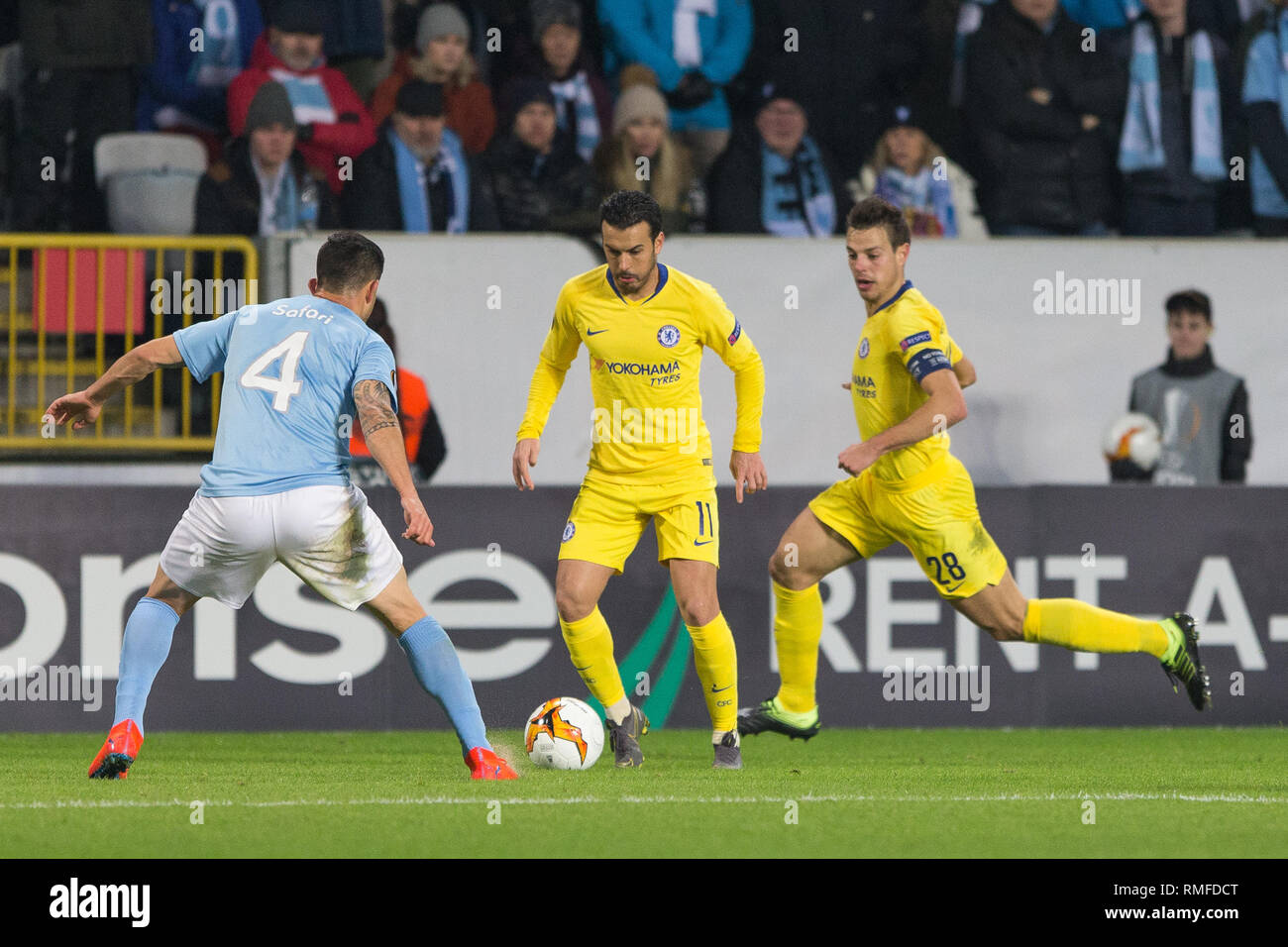 Malmö, Schweden. 14 Feb, 2019. Schweden, Malmö, 24. Februar 2019. Pedro (11) des FC Chelsea in der Europa League Runde 32 Match zwischen Malmö FF und FC Chelsea bei der Swedbank Stadion in Malmö zu sehen. (Foto: Gonzales Foto/Alamy leben Nachrichten Stockfoto