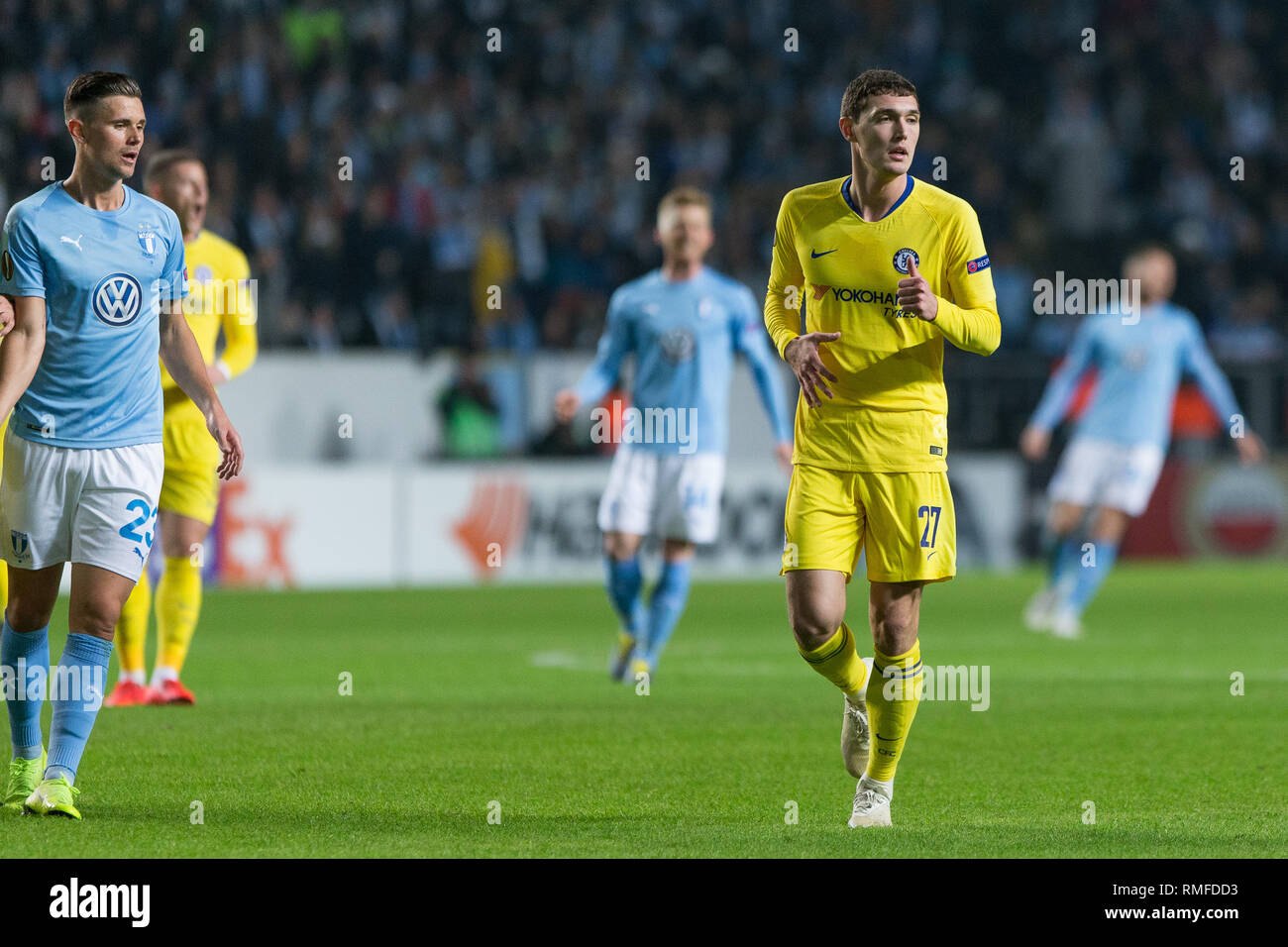 Malmö, Schweden. 14 Feb, 2019. Schweden, Malmö, 24. Februar 2019. Andreas Christensen (27) des FC Chelsea in der Europa League Runde 32 Match zwischen Malmö FF und FC Chelsea bei der Swedbank Stadion in Malmö zu sehen. (Foto: Gonzales Foto/Alamy leben Nachrichten Stockfoto