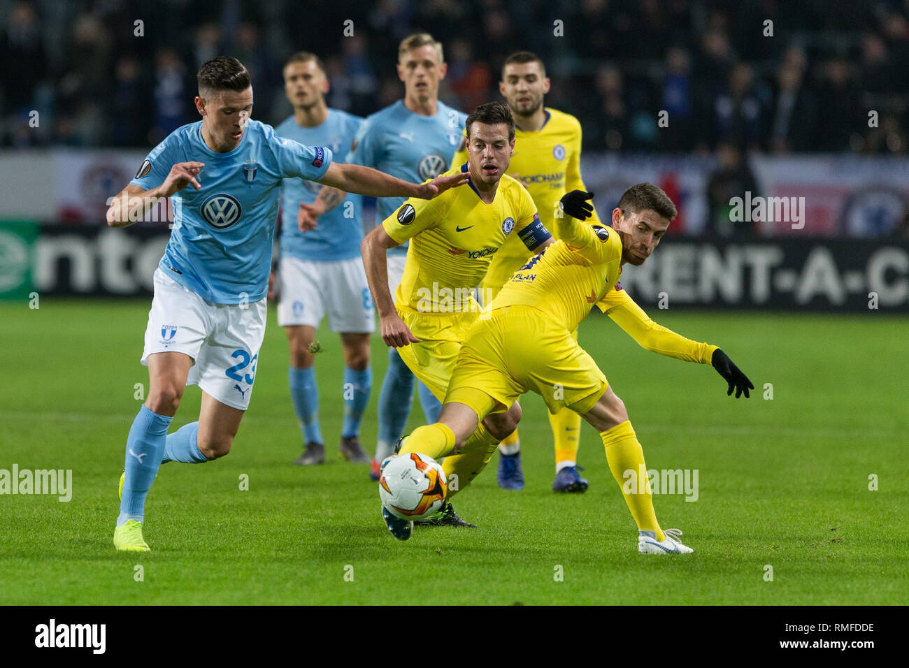 Malmö, Schweden. 14 Feb, 2019. Schweden, Malmö, 24. Februar 2019. Jorginho (5) der FC Chelsea in der Europa League Runde 32 Match zwischen Malmö FF und FC Chelsea bei der Swedbank Stadion in Malmö zu sehen. (Foto: Gonzales Foto/Alamy leben Nachrichten Stockfoto