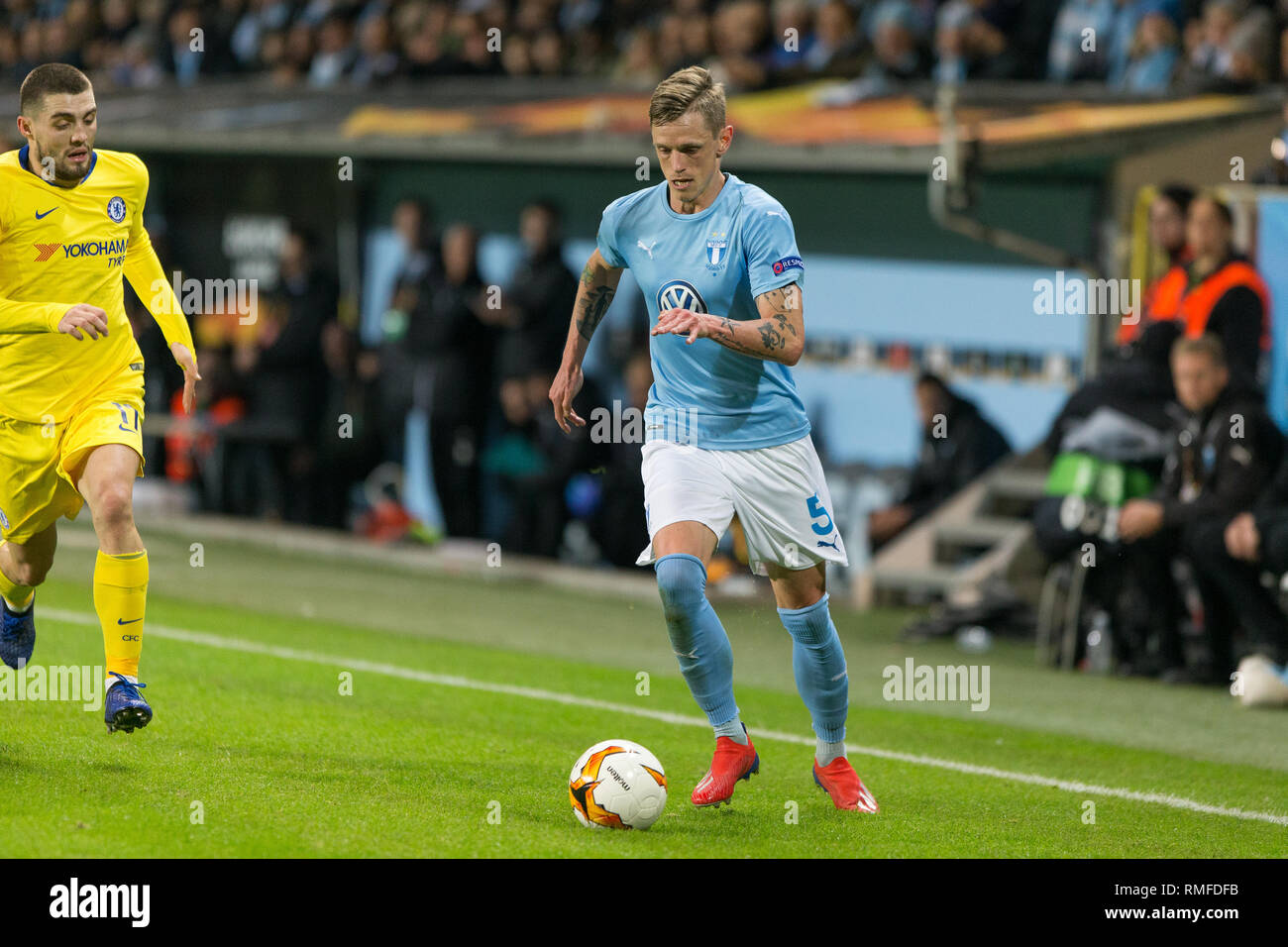 Malmö, Schweden. 14 Feb, 2019. Schweden, Malmö, 24. Februar 2019. Søren Rieks (5) Malmö FF während der Europa League Runde 32 Match zwischen Malmö FF und FC Chelsea bei der Swedbank Stadion in Malmö zu sehen. (Foto: Gonzales Foto/Alamy leben Nachrichten Stockfoto