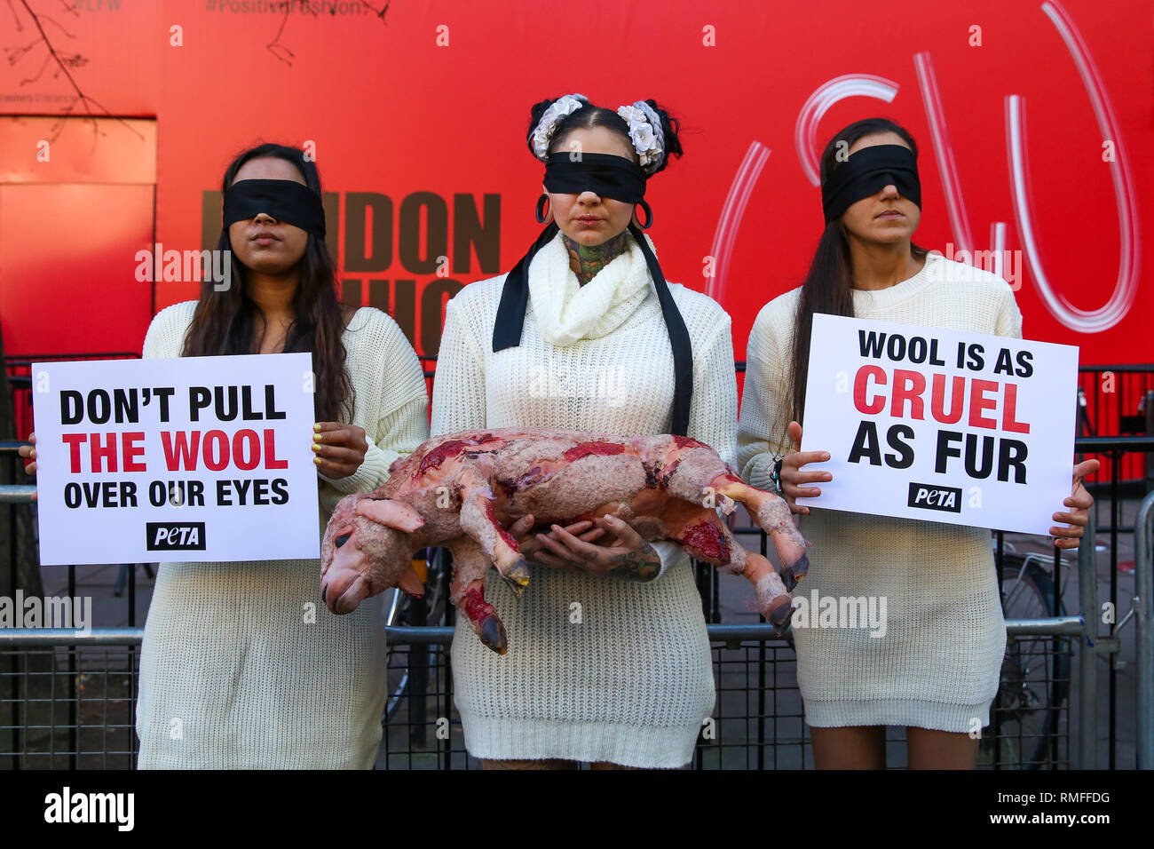 London, Großbritannien. 15 Feb, 2019. Drei Augen PeTA (Menschen für die ethische Behandlung von Tieren) Aktivisten gesehen Tragen vegane wolle Pullover und eine ''blutige geschorenem Lamm'' mit Plakaten auf der London Fashion Week außerhalb des Store Studios, 180 The Strand, London protestiert. Credit: Dinendra Haria/SOPA Images/ZUMA Draht/Alamy leben Nachrichten Stockfoto