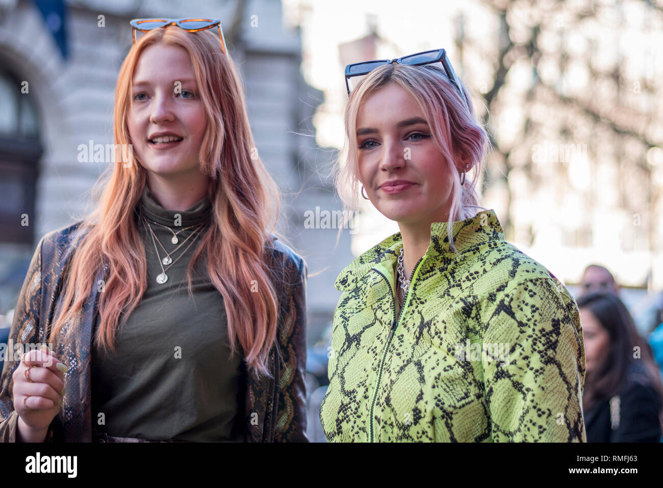 London, Großbritannien. 15 Feb, 2019. Anhänger der Mode kommen für eine Show in der Britischen Mode Rat Raum bei 180 The Strand am Eröffnungstag der London Fashion Week. Designer aus der ganzen Welt ihre Herbst und Winter (AW 19) Kreationen an einer Vielzahl von Orten in der Hauptstadt. Credit: Stephen Chung/Alamy leben Nachrichten Stockfoto