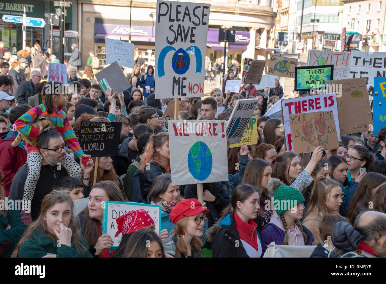 Sheffield, Großbritannien. 15 Feb, 2019. Junge Menschen Streik von der Schule, den Klimawandel bei Sheffield Rathaus # YouthStrike 4 Klima Klima Streik Gutschrift zu protestieren: Septemberlegs/Alamy leben Nachrichten Stockfoto