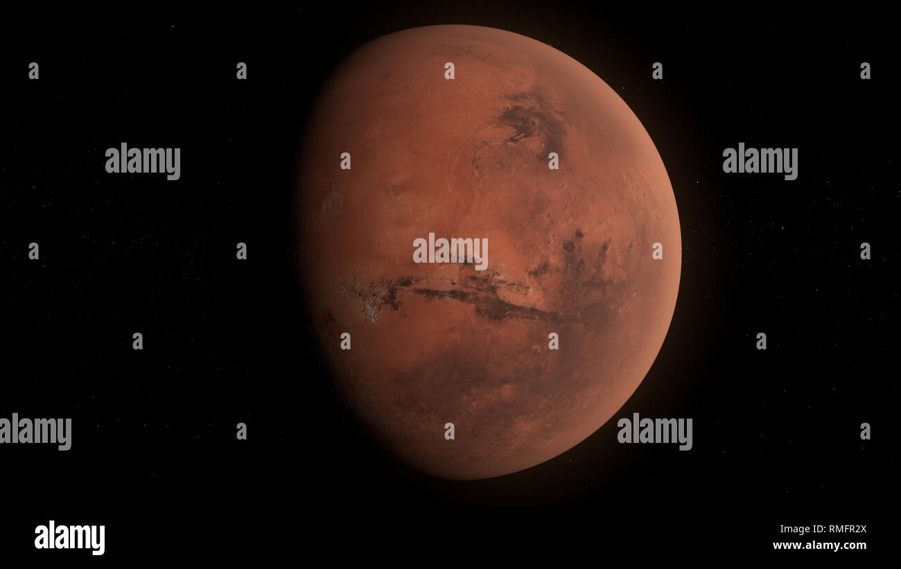 Planet Mars im dunklen Raum, Schatten auf dem Planeten Stockfoto