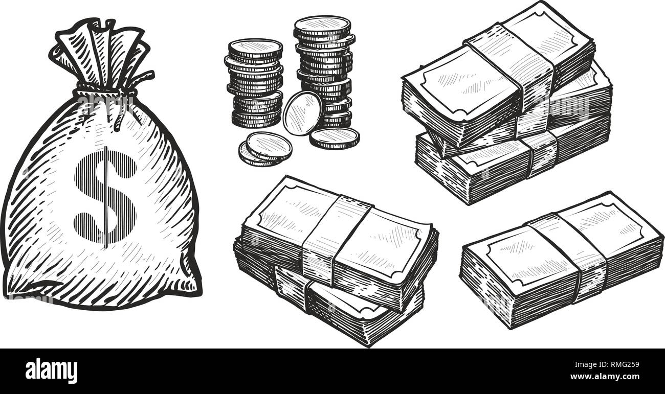 Geld-Konzept. Handel, Banken, Finanzen Skizze. Hand gezeichnet vintage Vector Illustration Stock Vektor