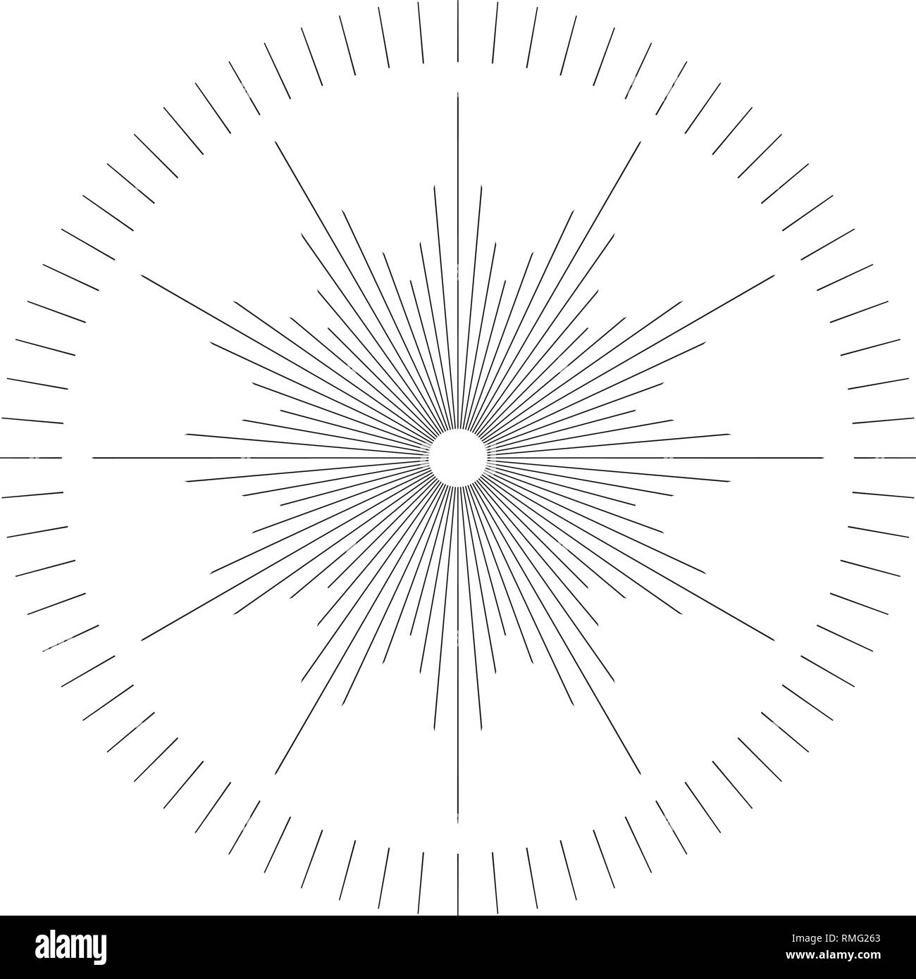 Monochrome Vintage Sunburst, Starburst, platzen Strahlen. Trendiges cooles Design Element auf Weiß isoliert. Stock Vektor