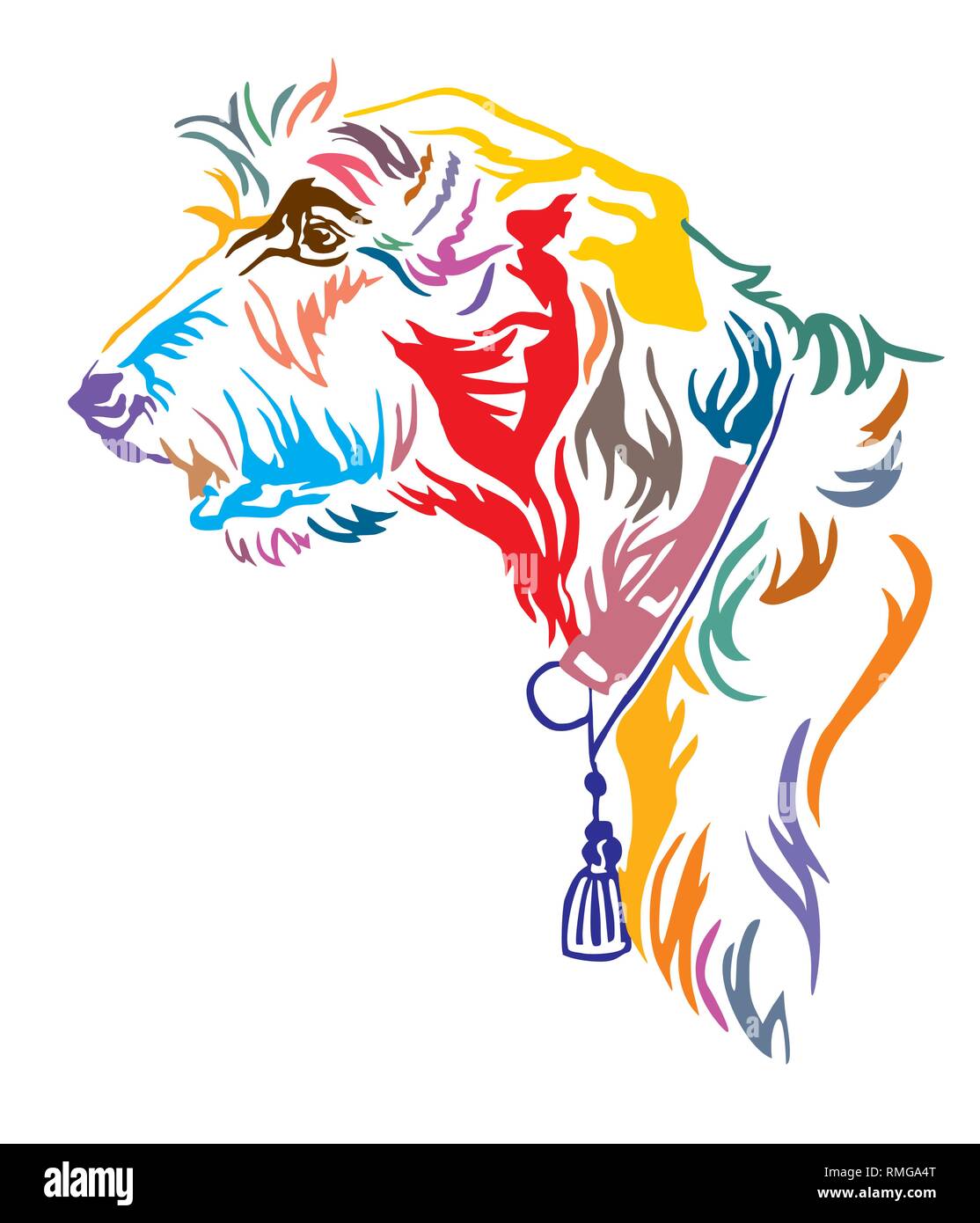 Bunt dekorativ Umrisse Portrait von Irish Wolfhound Hund suchen im Profil, Vector Illustration in verschiedenen Farben auf weißem Hintergrund. Stock Vektor