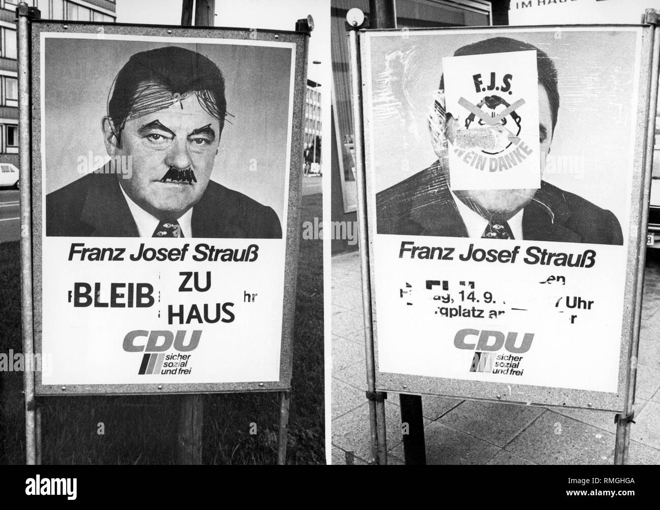 Poster von Franz Josef Strauss während des Wahlkampfes im Ruhrgebiet im Jahr 1979. Über die Plakate mit dem Porträt des Kanzlerkandidaten Strauss F.J.S. sind Aufkleber sagt 'Nein, danke' und 'Stay zu Hause" geklebt. Darüber hinaus hat die linke Plakat wurde übermalt. Stockfoto