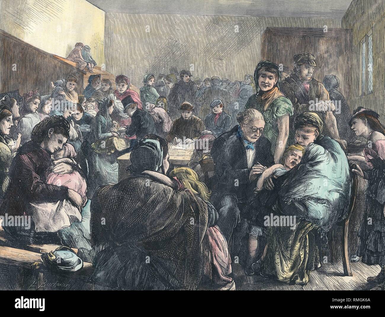 Medizin, Krankheiten, historischen: einer Pockenepidemie forderten zahlreiche Opfer in den Slums von London im Jahre 1871. Nach dem öffentlichen Impfung Büros wurden sofort in den Bezirk Restaurants. Stockfoto
