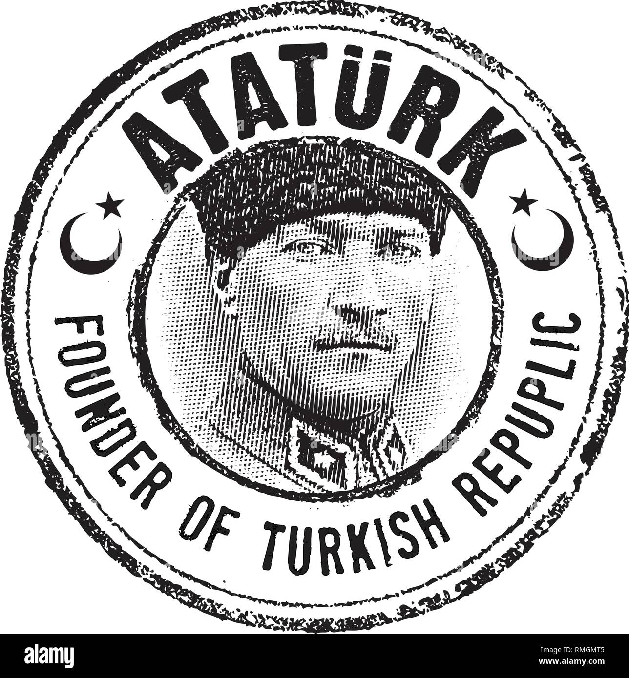 Mustafa Kemal Atatürk portrait Stempel in Strichzeichnungen Illustration, Er war der Gründer der türkischen Republik und Führer. Stock Vektor