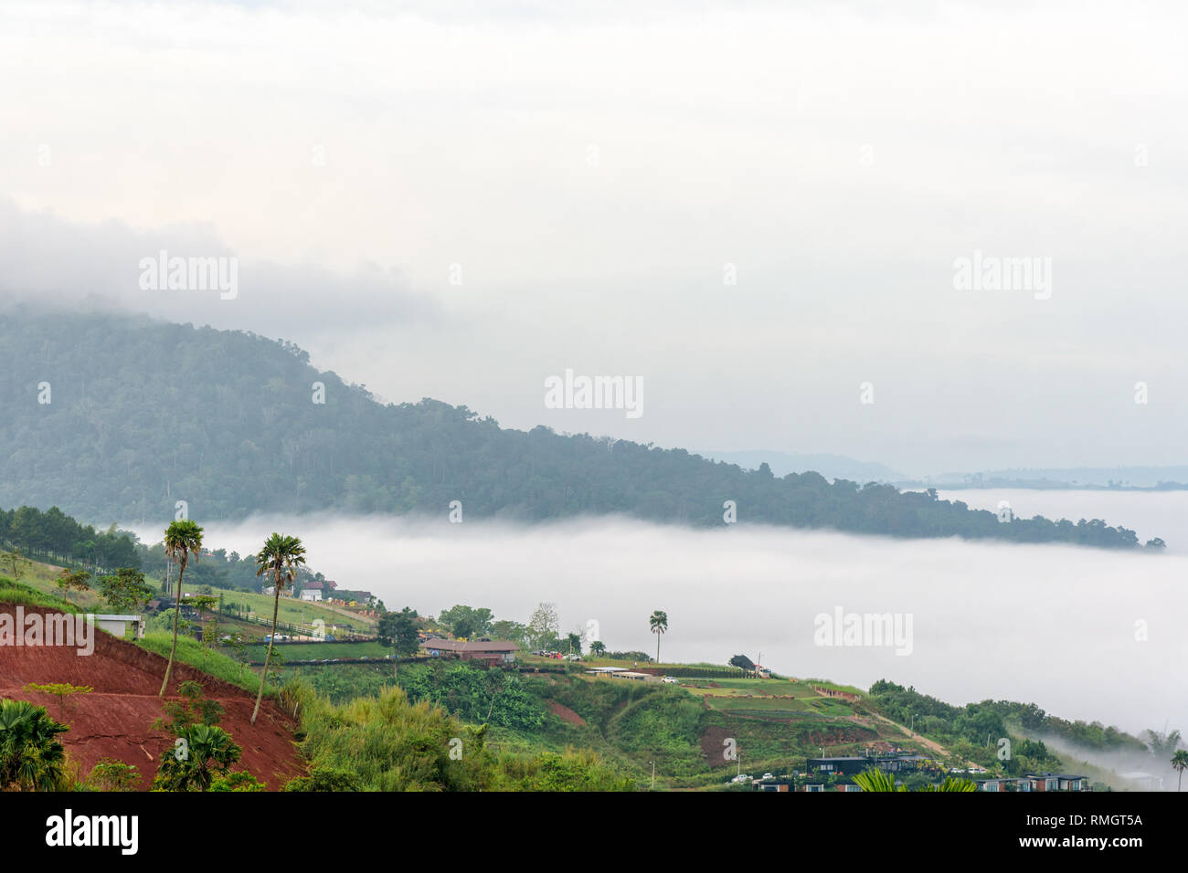 Schöne Natur Landschaft Nebel im Tal und den grünen Berg an der hohen Winkel Aussichtspunkt. Die berühmten Sehenswürdigkeiten in Khao Kho Stockfoto