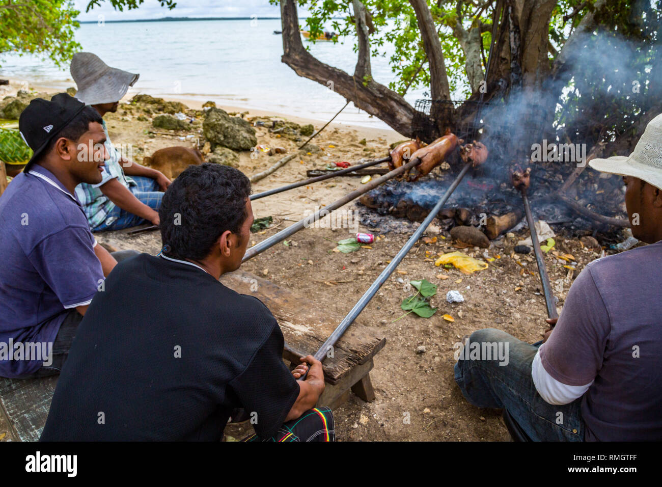 Tongatapu, Tonga - Jan 10 2014: Gruppe von Einheimischen indigenen Polynesischen Männer funktioniert ein Schweinefleisch Grillen von kleinen Ferkeln auf einem offenen Feuer auf einem Tongan beac Stockfoto