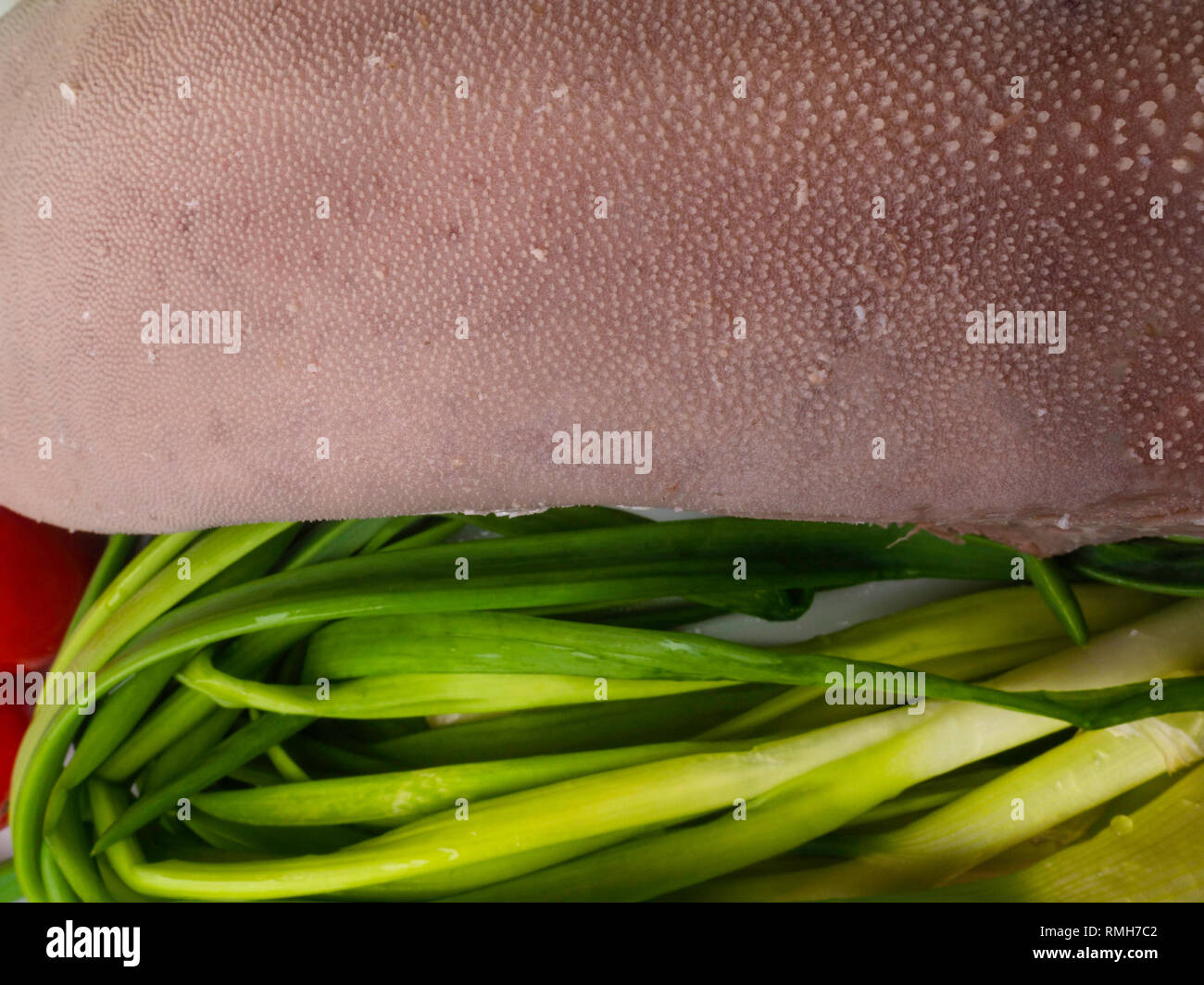 Rohes Rind- oder Schweinefleisch Zunge mit frühlingszwiebel Hintergrund close-up Stockfoto