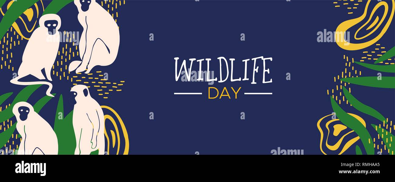 Glückliche Tiere Tag Web Banner Abbildung. Wilde Affen mit den afrikanischen Dschungel Deko für die Pflege und Erhaltung. Stock Vektor