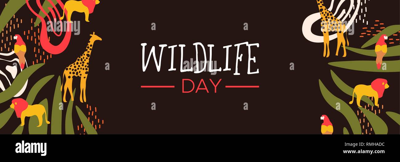 Glückliche Tiere Tag Web Banner Abbildung. Wilde Tiere mit African Safari Dekoration für Tier- und Naturschutz. Mit Giraffe, Löwe, Vogel Stock Vektor
