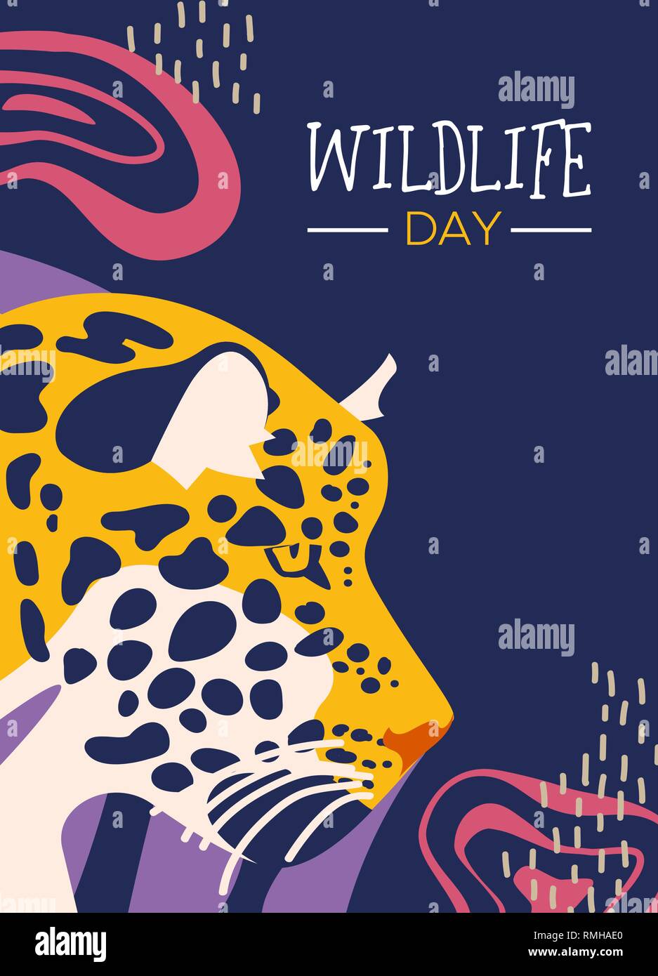 Glückliche Tiere Tag Abbildung. Wild Leopard mit abstrakten afrikanischen Dschungel Deko für die Pflege und Erhaltung. Stock Vektor