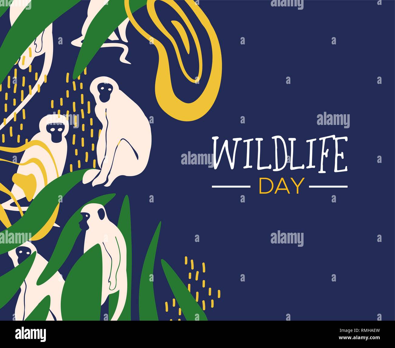 Glückliche Tiere Tag Abbildung. Wilde Affen mit den afrikanischen Dschungel Deko für die Pflege und Erhaltung. Stock Vektor