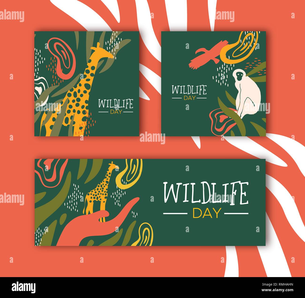 Glückliche Tiere Tag Abbildung. Wilde Tiere mit African Safari Dekoration für Tier- und Naturschutz. Mit Giraffe, Affe, Toucan bi Stock Vektor