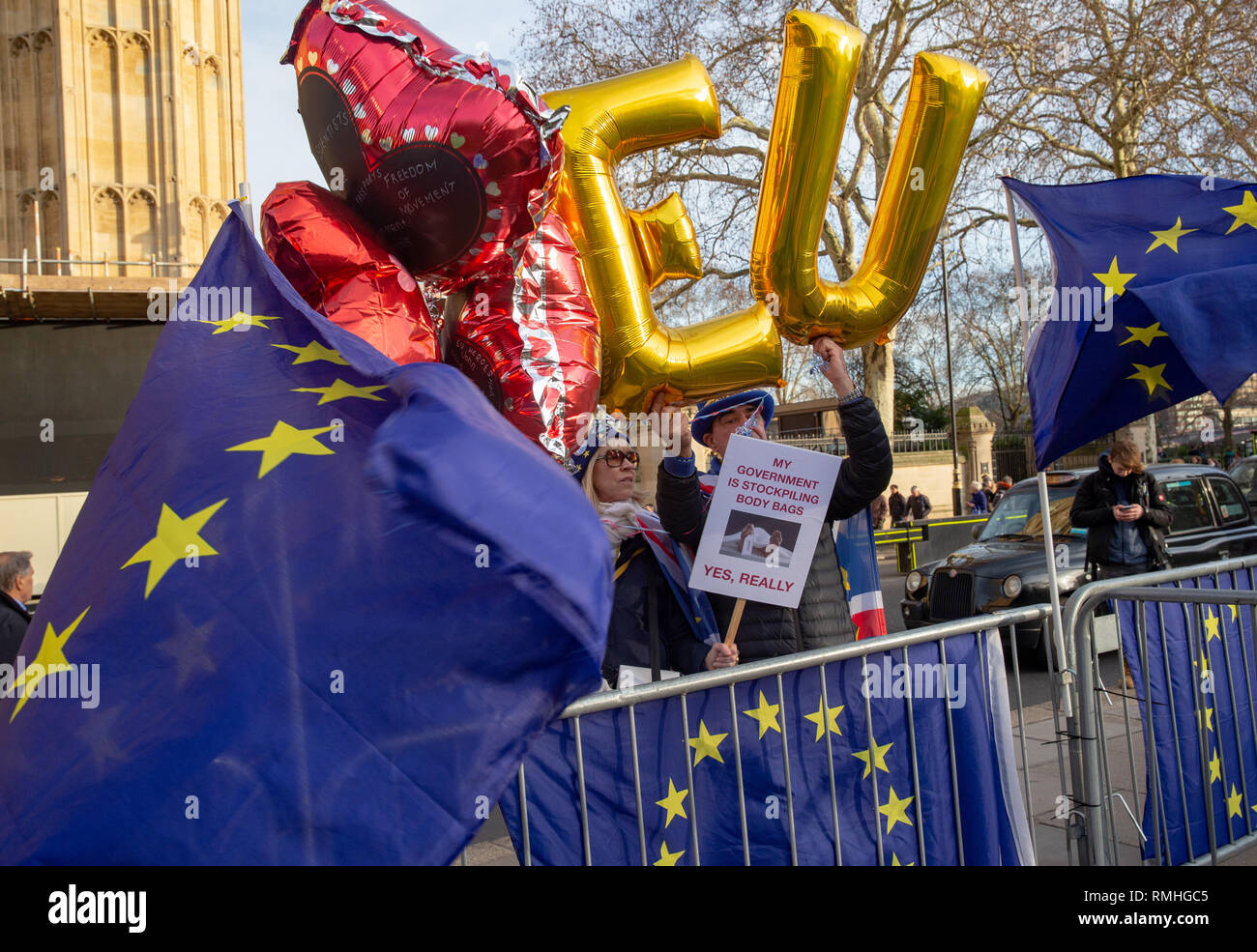 Flaggen der Europäischen Union und EU-Helium Luftballons mit Bleiben Unterstützer demonstrieren, außerhalb des Parlaments zur Unterstützung der Aufenthalt als Teil von Europa. Stockfoto