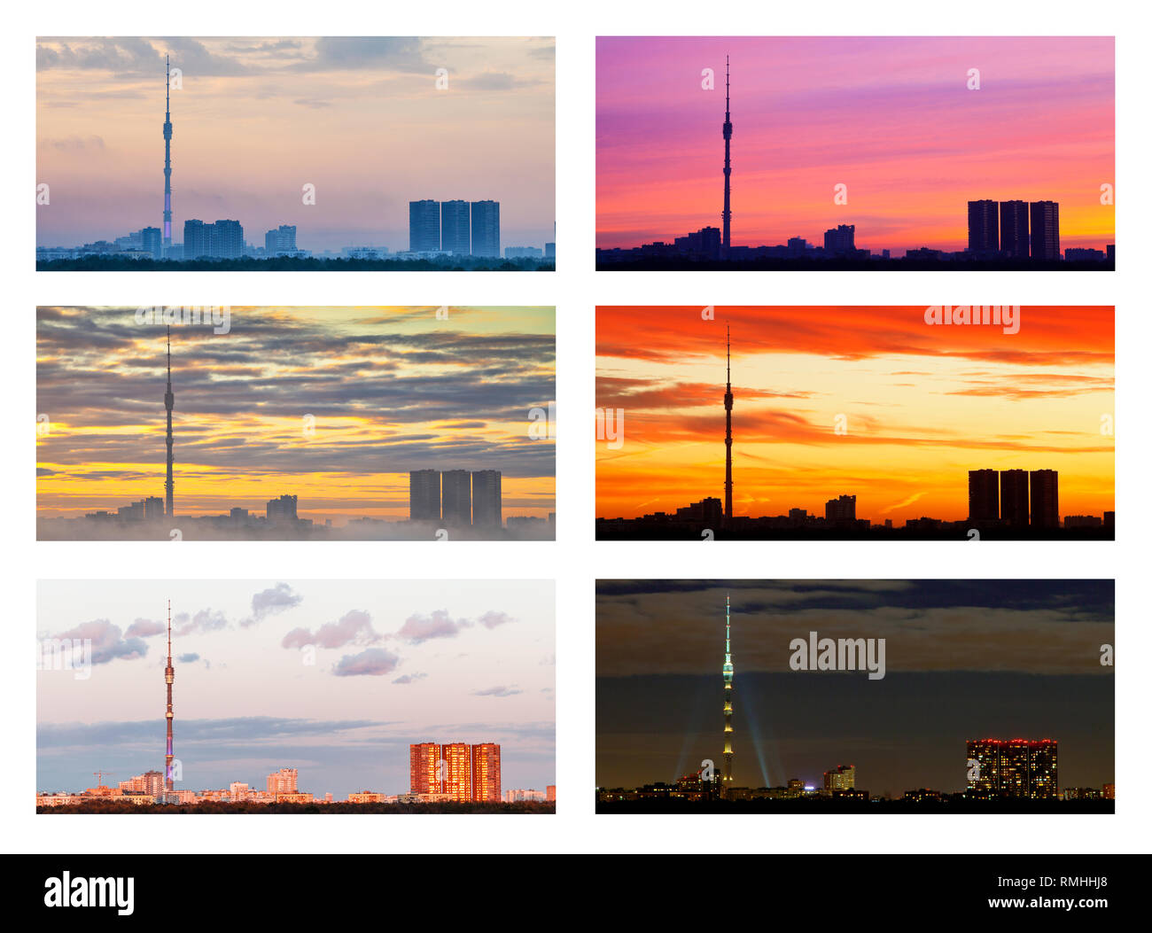Collage aus verschiedenen Sonnenuntergänge und Sonnenaufgänge über Stadt Stockfoto