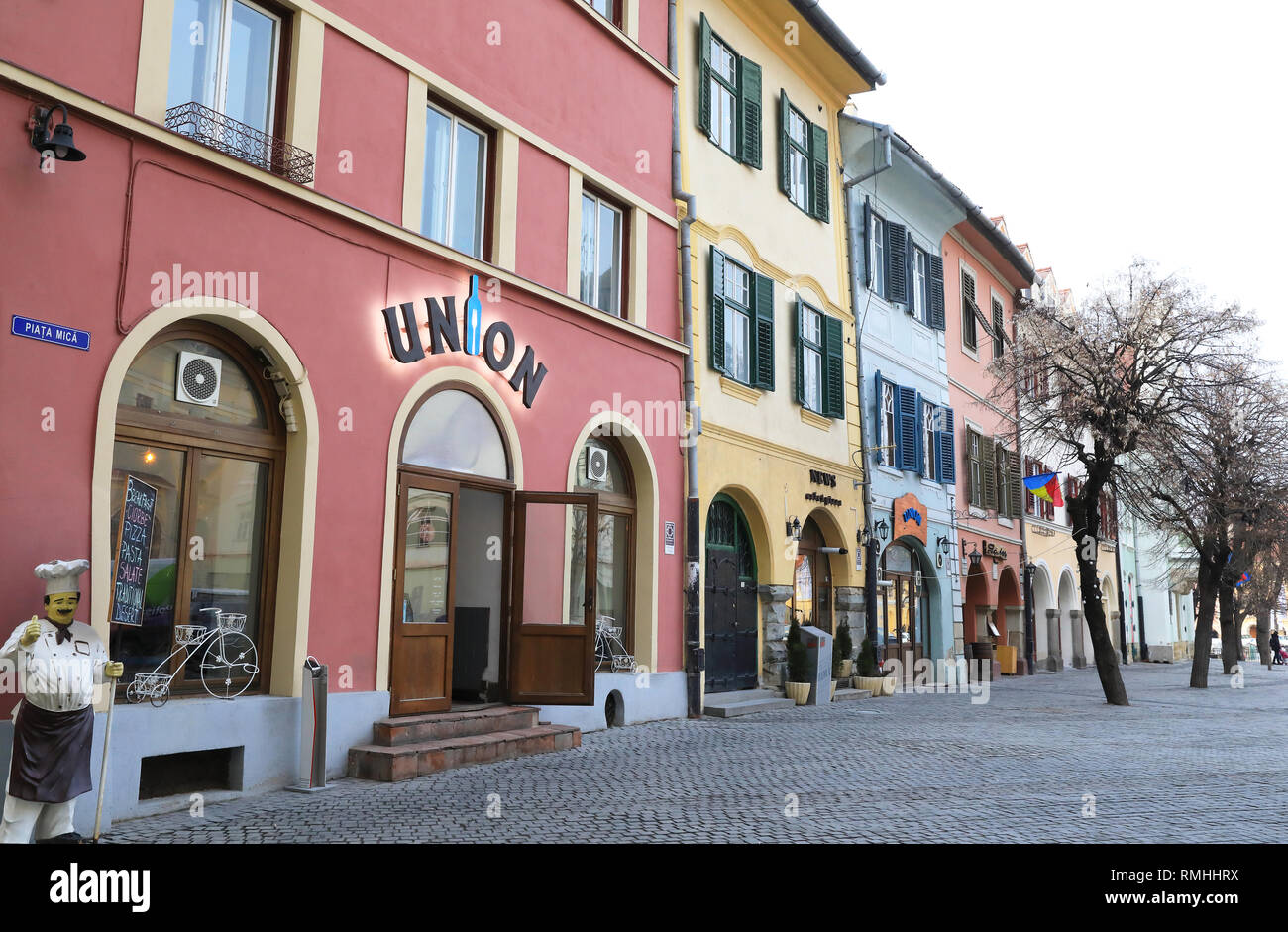 Union Restaurant in der Altstadt von Sibiu/Hermannstadt, auf der Piata Mica, in Siebenbürgen, Rumänien Stockfoto